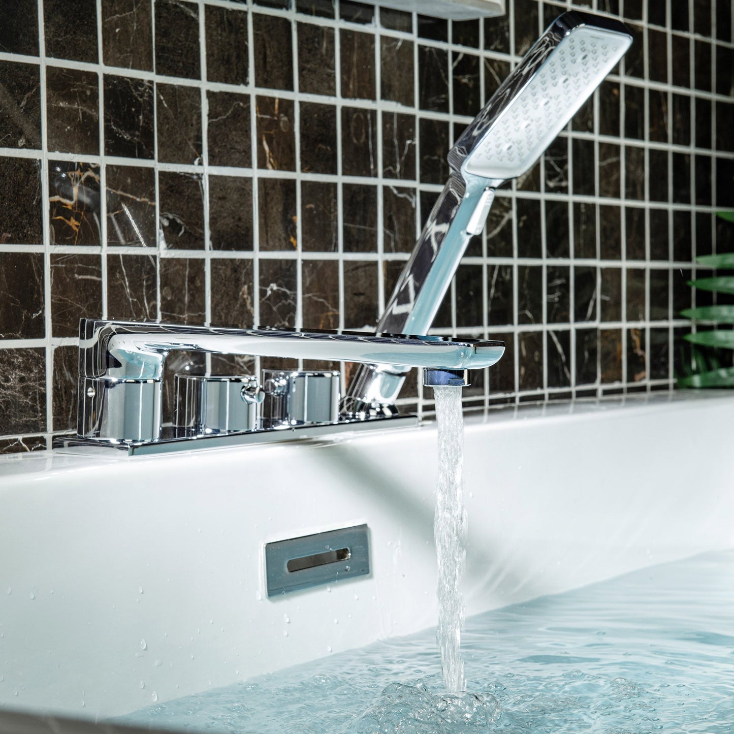 WOODBRIDGE Widespread Deck Mount Roman Tub Faucet with Hand Shower, Two-Handle 4-Holes Bathtub Shower Faucet Set