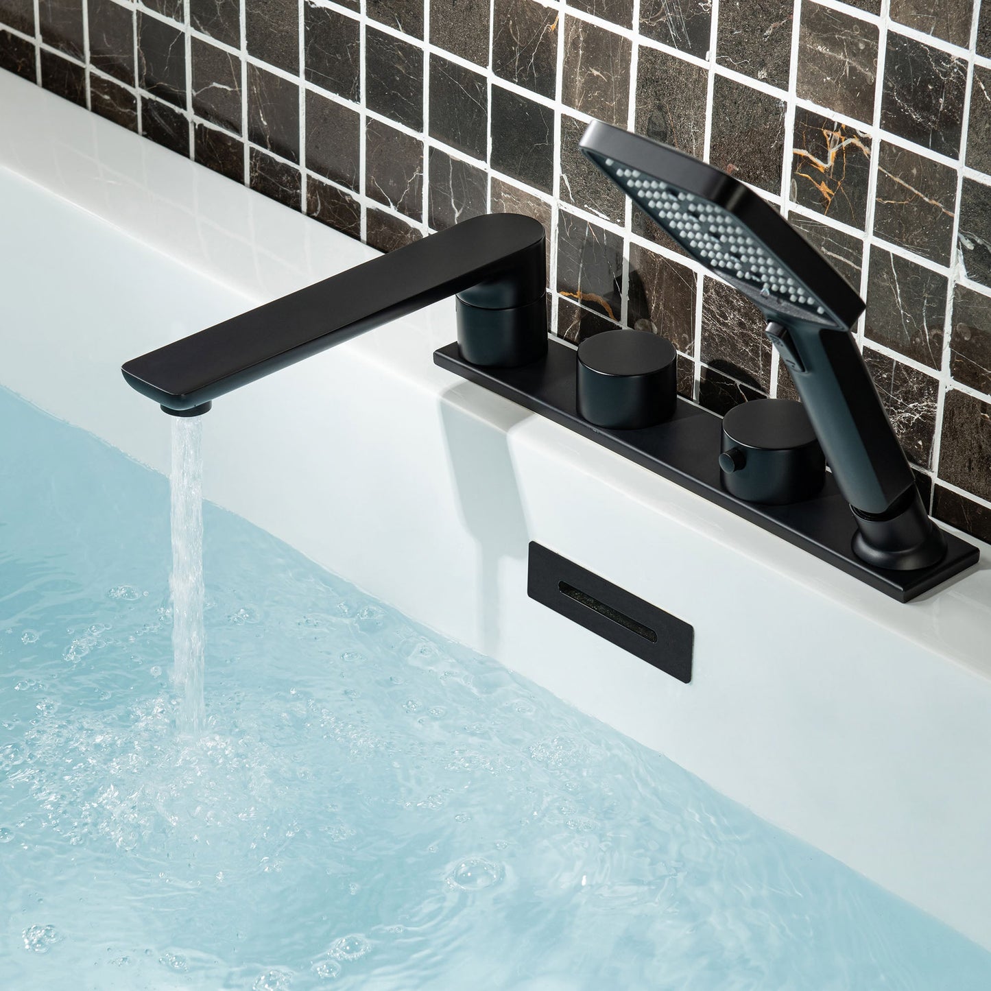 WOODBRIDGE Widespread Deck Mount Roman Tub Faucet with Hand Shower, Two-Handle 4-Holes Bathtub Shower Faucet Set
