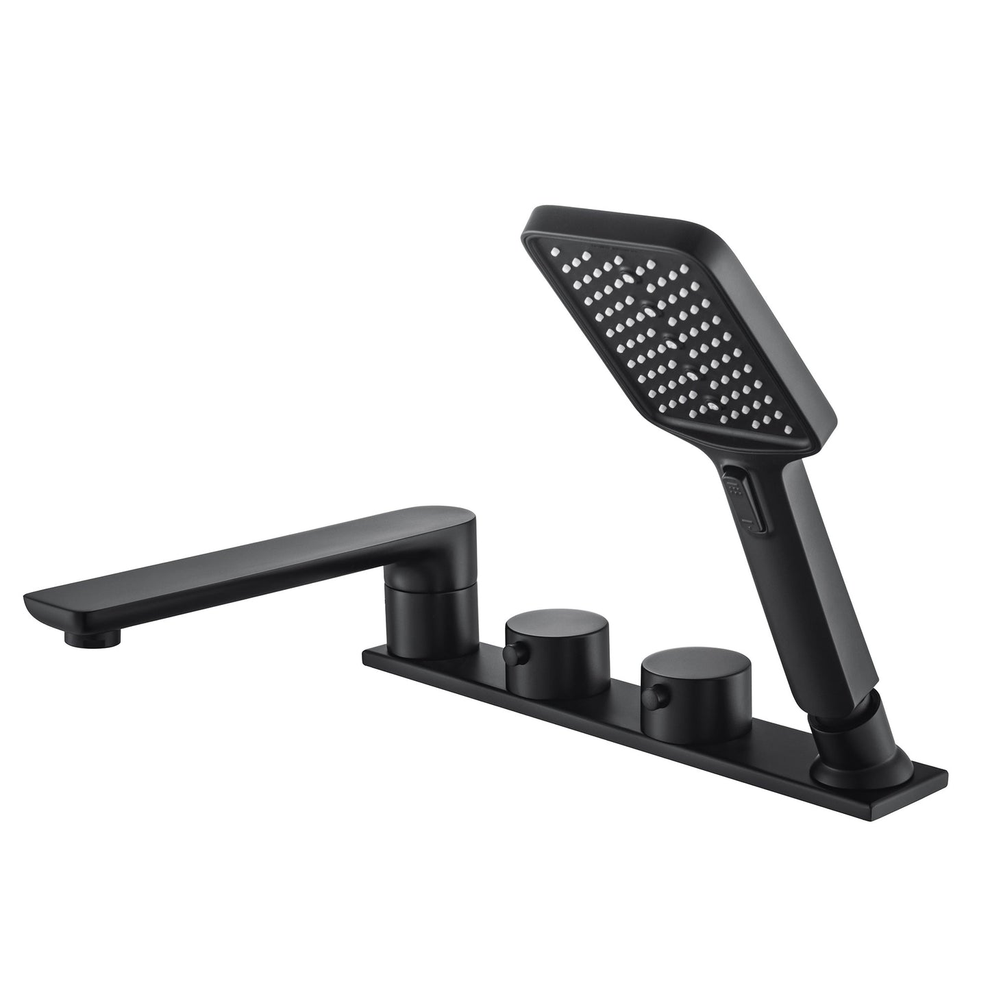 WOODBRIDGE Widespread Deck Mount Roman Tub Faucet with Hand Shower, Two-Handle 4-Holes Bathtub Shower Faucet Set