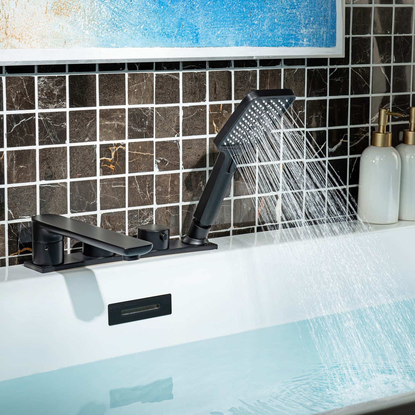 WOODBRIDGE Widespread Deck Mount Roman Tub Faucet with Hand Shower, Two-Handle 4-Holes Bathtub Shower Faucet Set
