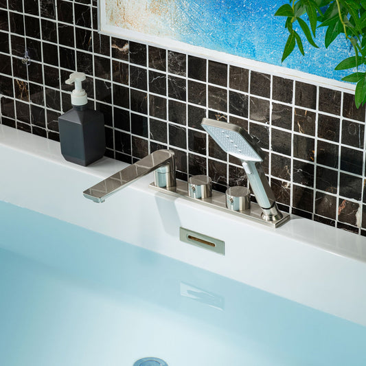 WOODBRIDGE Widespread Deck Mount Roman Tub Faucet with Hand Shower, Two-Handle 4-Holes Bathtub Shower Faucet Set