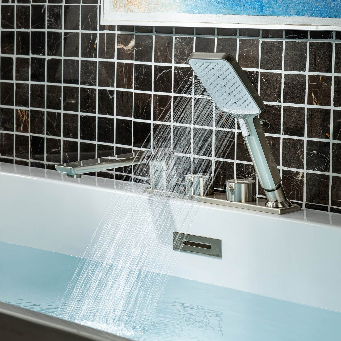 WOODBRIDGE Widespread Deck Mount Roman Tub Faucet with Hand Shower, Two-Handle 4-Holes Bathtub Shower Faucet Set