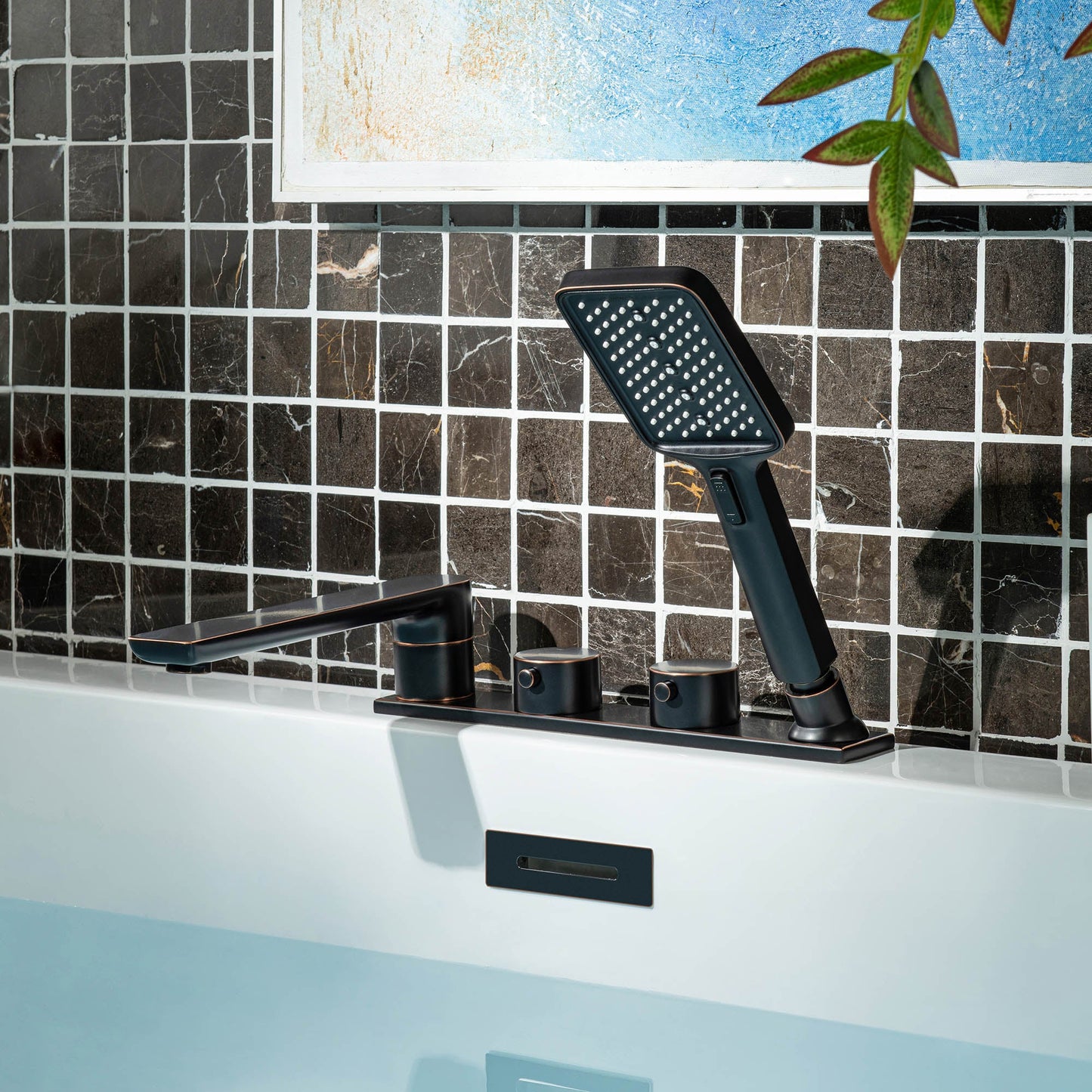 WOODBRIDGE Widespread Deck Mount Roman Tub Faucet with Hand Shower, Two-Handle 4-Holes Bathtub Shower Faucet Set