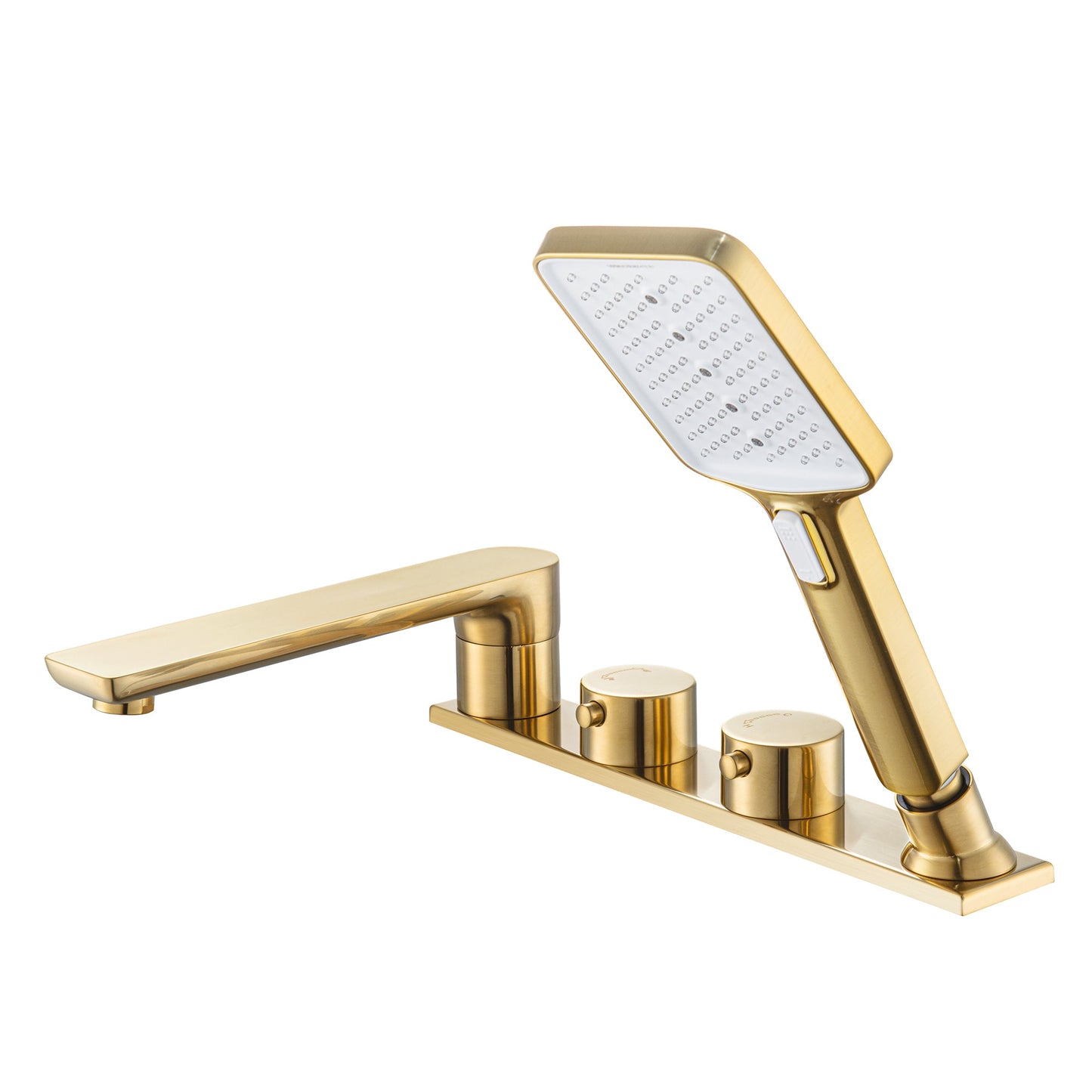 WOODBRIDGE Widespread Deck Mount Roman Tub Faucet with Hand Shower, Two-Handle 4-Holes Bathtub Shower Faucet Set