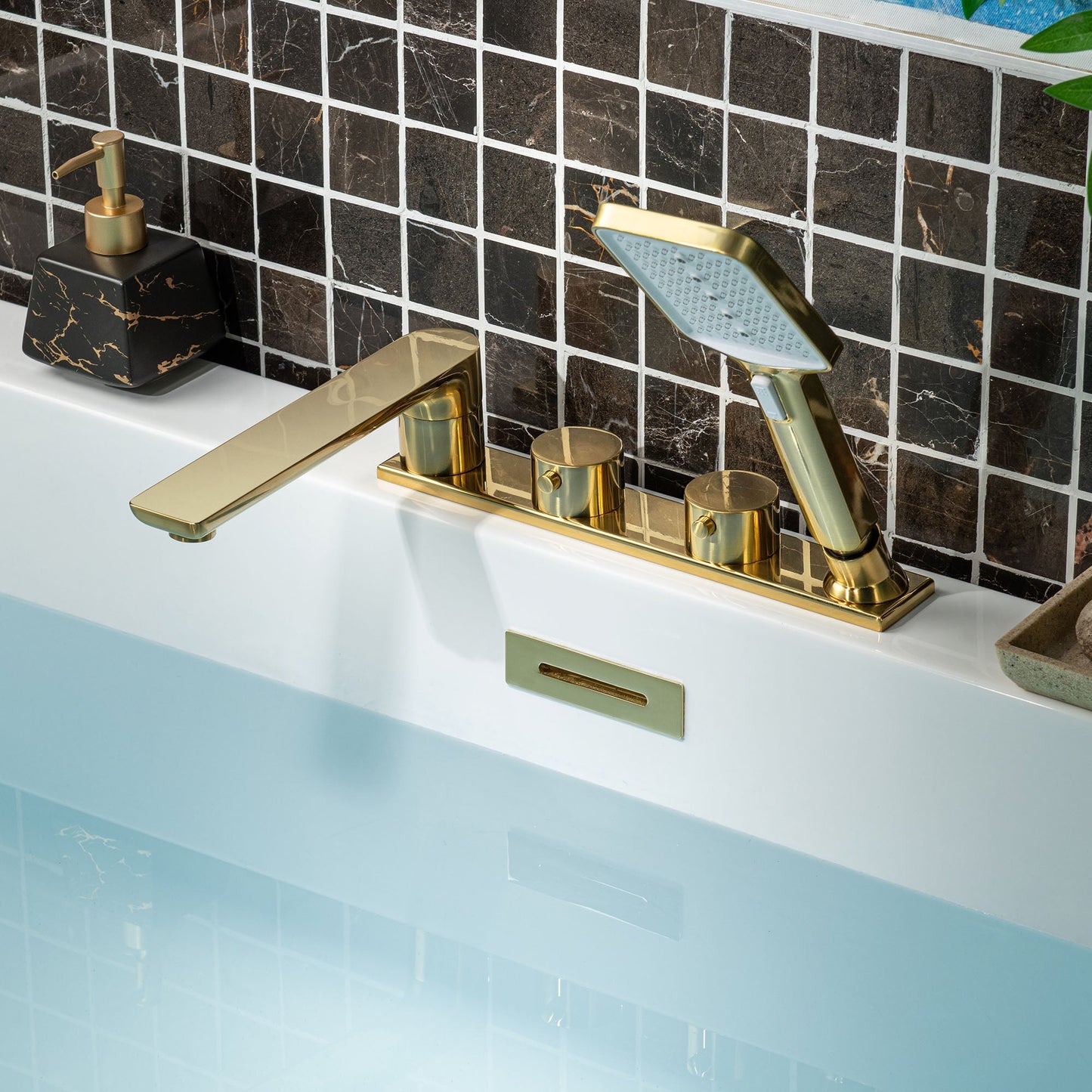WOODBRIDGE Widespread Deck Mount Roman Tub Faucet with Hand Shower, Two-Handle 4-Holes Bathtub Shower Faucet Set