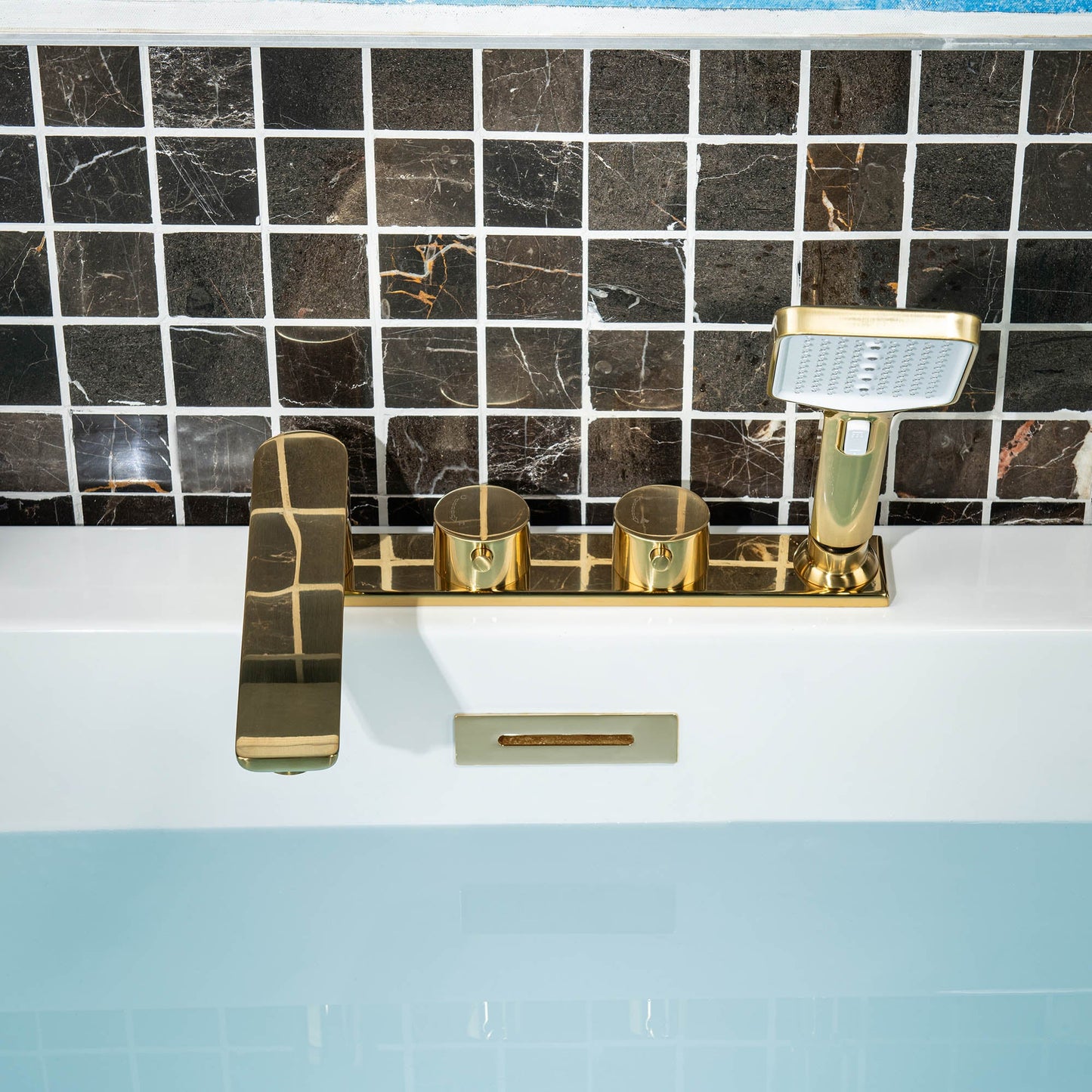 WOODBRIDGE Widespread Deck Mount Roman Tub Faucet with Hand Shower, Two-Handle 4-Holes Bathtub Shower Faucet Set