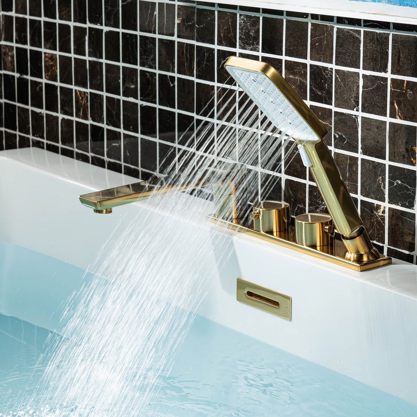 WOODBRIDGE Widespread Deck Mount Roman Tub Faucet with Hand Shower, Two-Handle 4-Holes Bathtub Shower Faucet Set