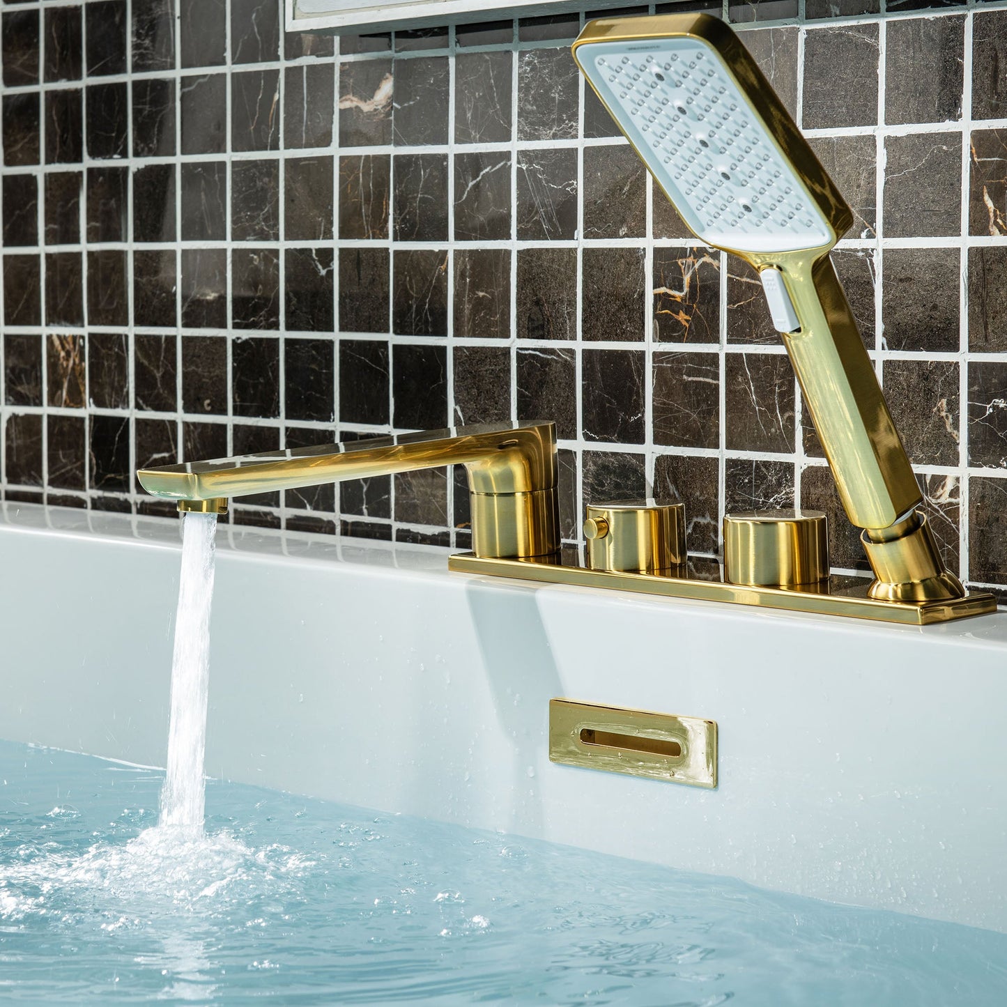 WOODBRIDGE Widespread Deck Mount Roman Tub Faucet with Hand Shower, Two-Handle 4-Holes Bathtub Shower Faucet Set