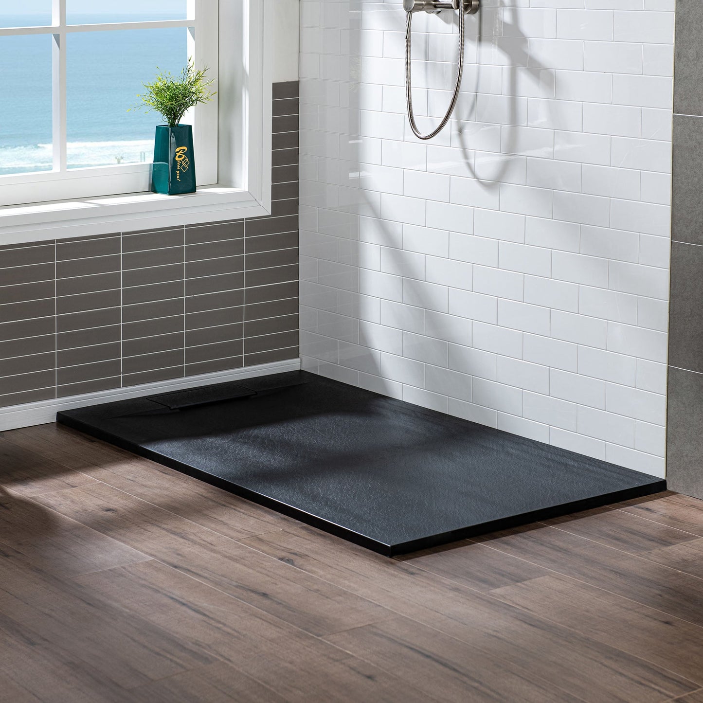 WOODBRIDGE 47.5 in L x 31.5 in W Zero Threshold End Drain Shower Base with Reversible Drain Placement, Matching Decorative Drain Plate and Tile Flange, Wheel Chair Access, Low Profile