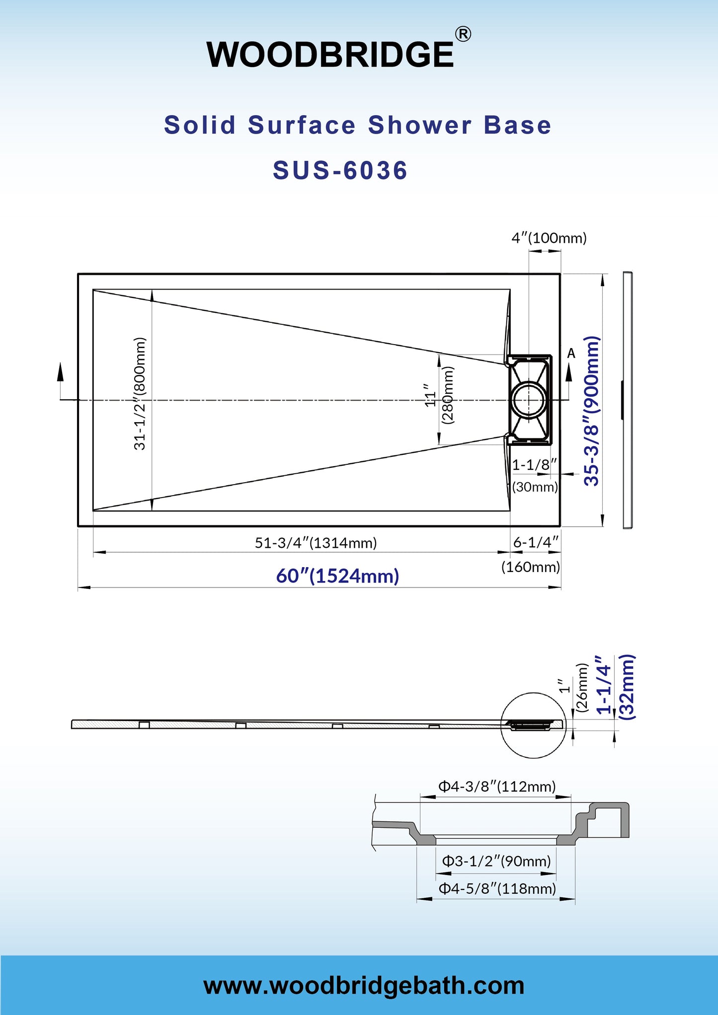 WOODBRIDGE 60 in L x 35.4 in W Zero Threshold End Drain Shower Base with Reversible Drain Placement, Matching Decorative Drain Plate and Tile Flange, Wheel Chair Access, Low Profile