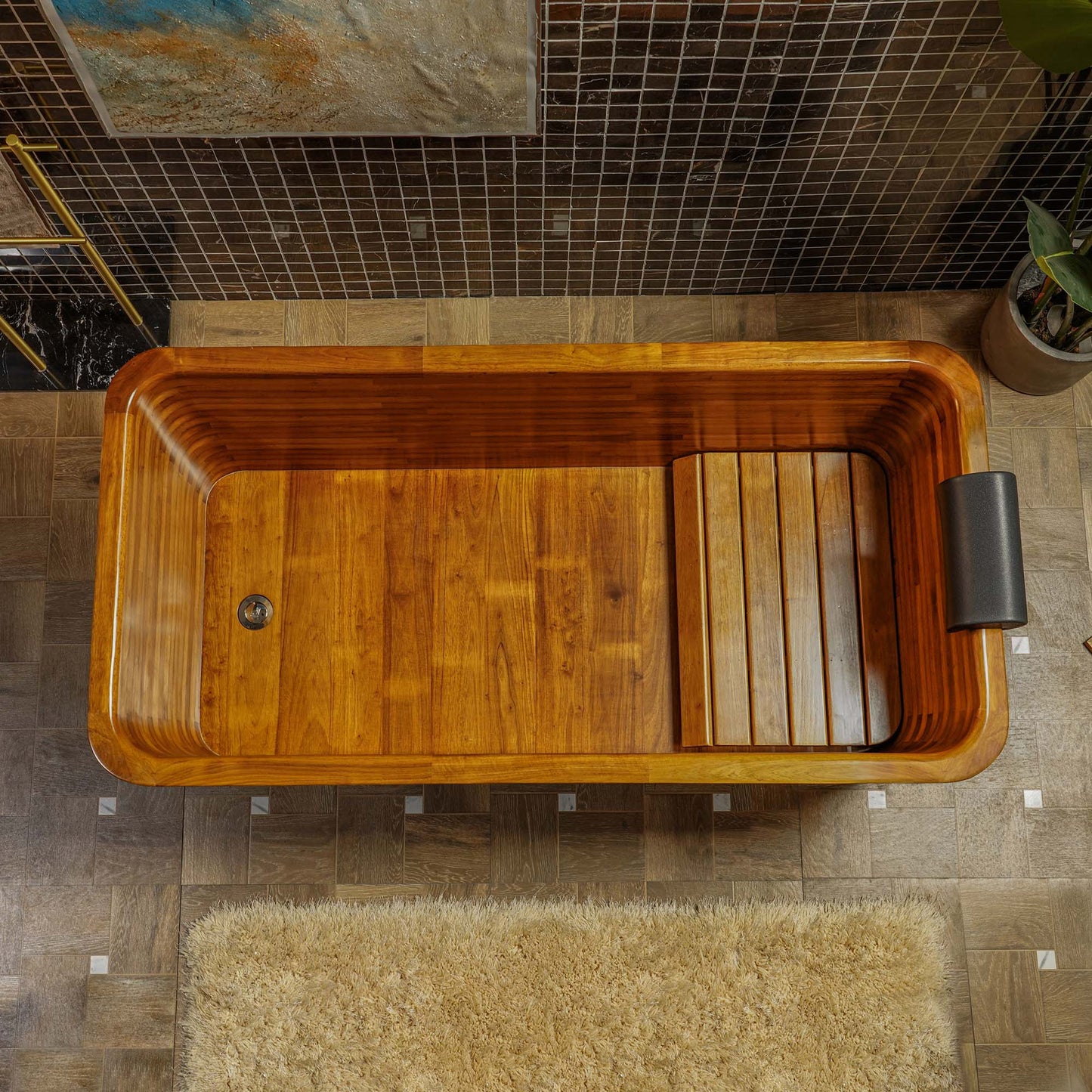 WOODBRIDGE 59" Freestanding Handcrafted Natural Wood Soaking Rectangular Bathtub