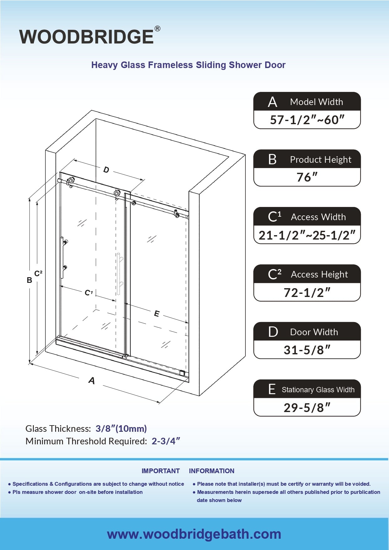 WOODBRIDGE Frameless Sliding Shower Doors with Soft Close System, 56-60" Width x 76"Height with 3/8"(10mm) Clear Tempered Glass