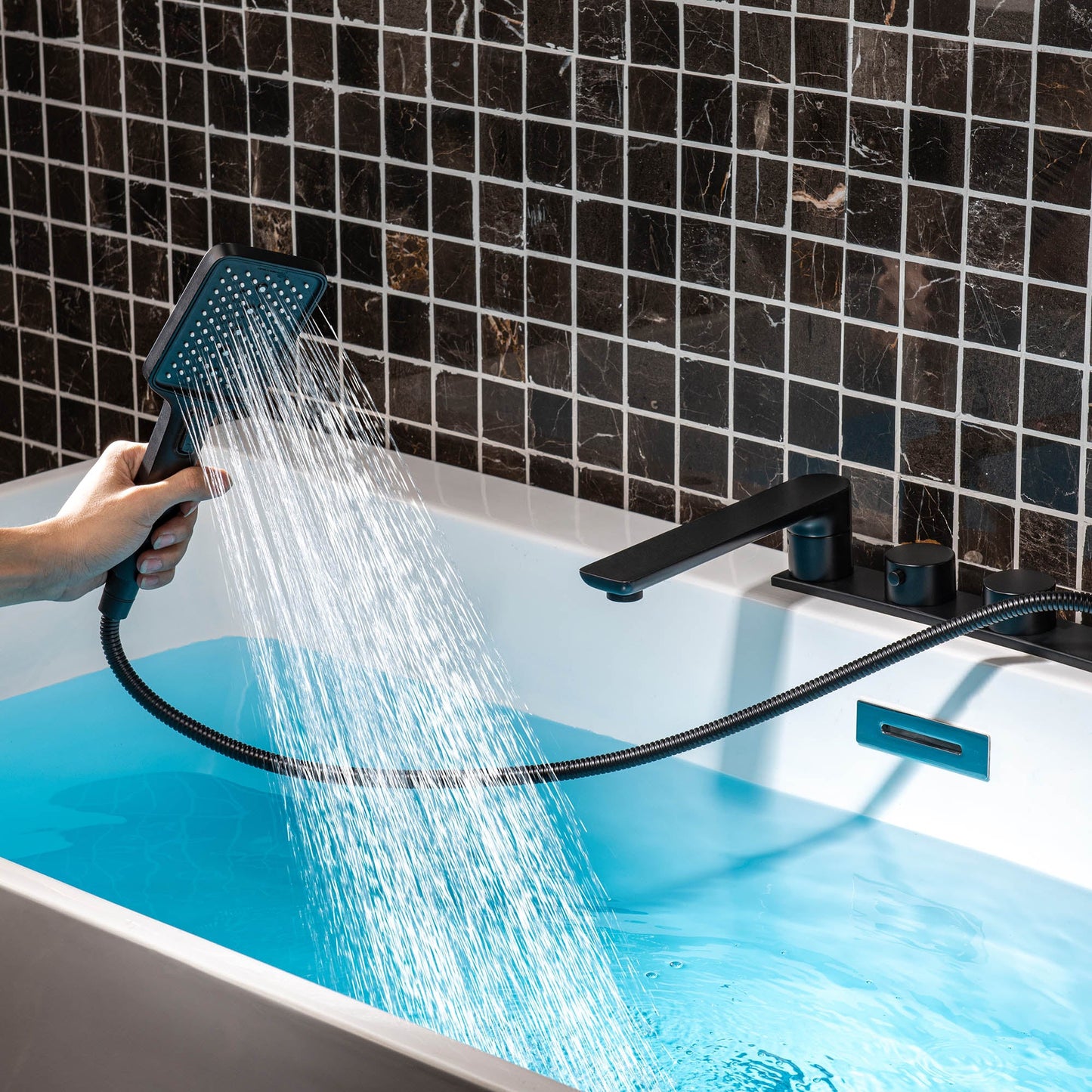 WOODBRIDGE Widespread Deck Mount Roman Tub Faucet with Hand Shower, Two-Handle 4-Holes Bathtub Shower Faucet Set