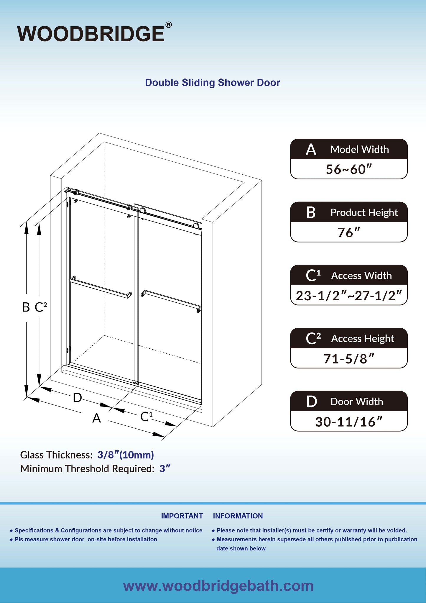 WOODBRIDGE Frameless Shower Doors 56-60" Width x 76"Height with 3/8"(10mm) Clear Tempered Glass, 2 Ways Opening & Double Sliding