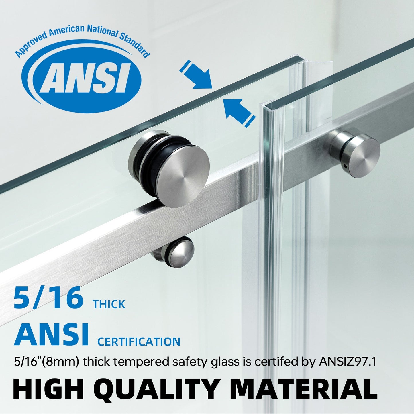WOODBRIDGE Frameless Single Sliding Shower Doors, 44-48" Width x 76" Height with 5/16"(8mm) Clear Tempered Glass and Explosion-Proof Film