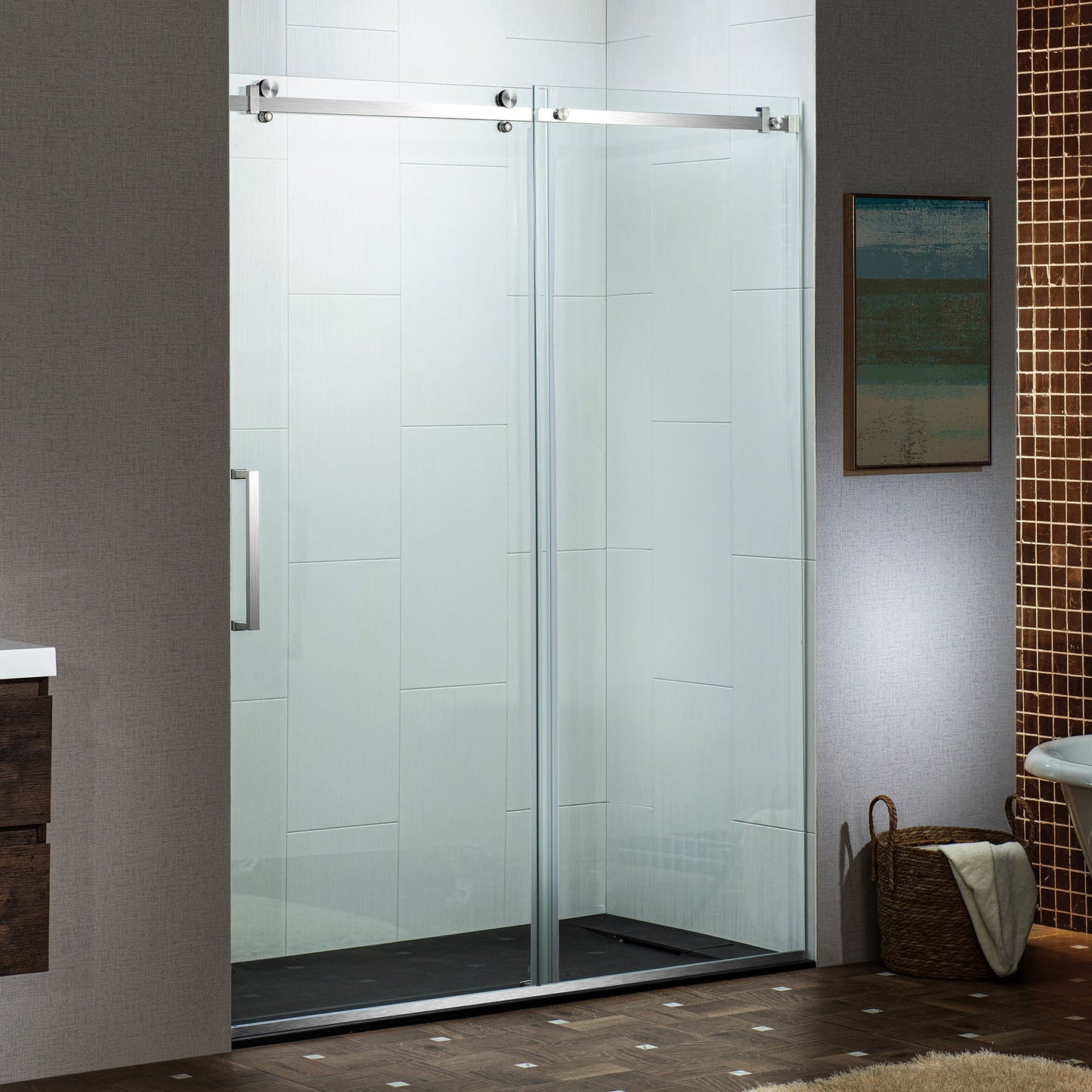 WOODBRIDGE Frameless Single Sliding Shower Doors, 44-48" Width x 76" Height with 5/16"(8mm) Clear Tempered Glass and Explosion-Proof Film
