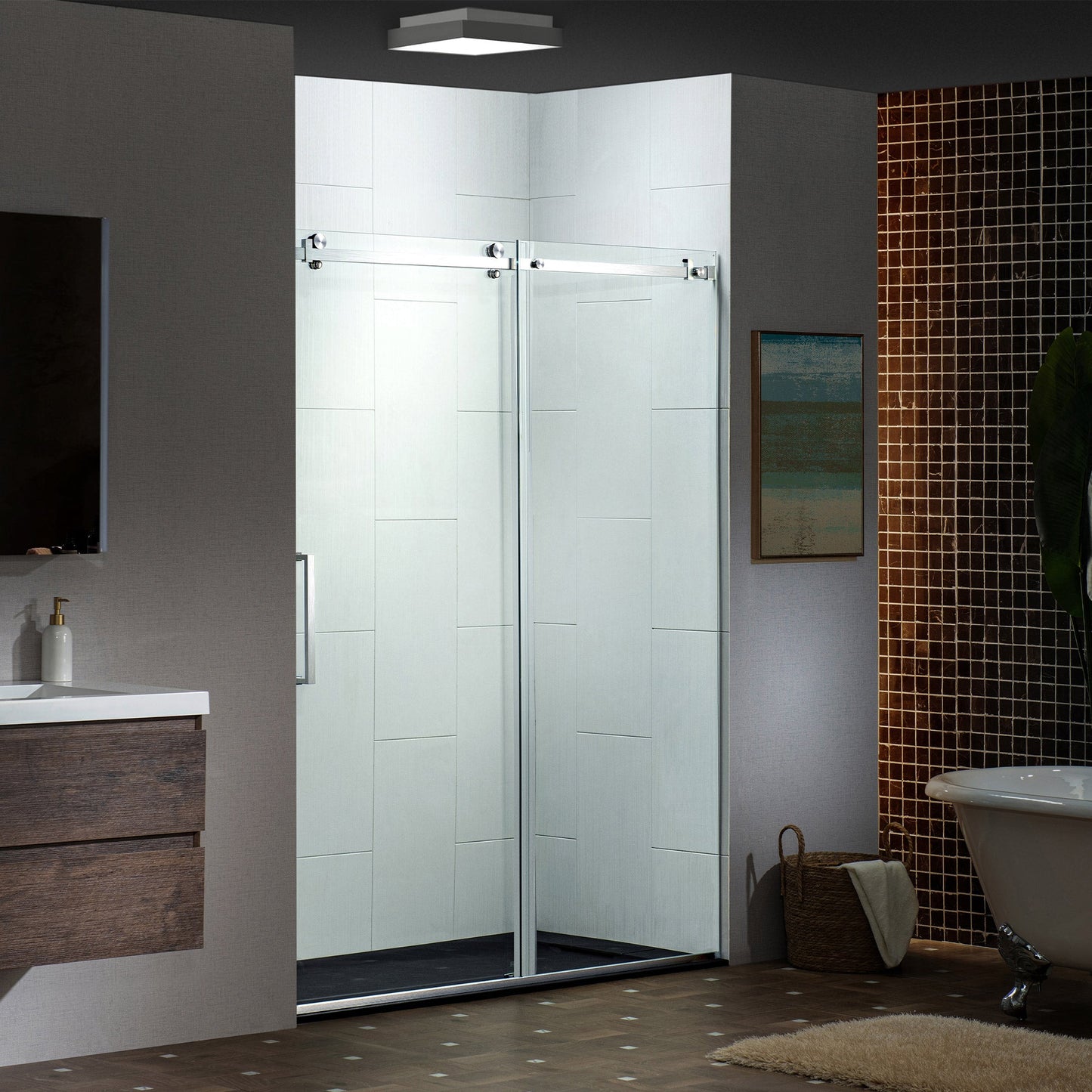WOODBRIDGE Frameless Single Sliding Shower Doors, 44-48" Width x 76" Height with 5/16"(8mm) Clear Tempered Glass and Explosion-Proof Film
