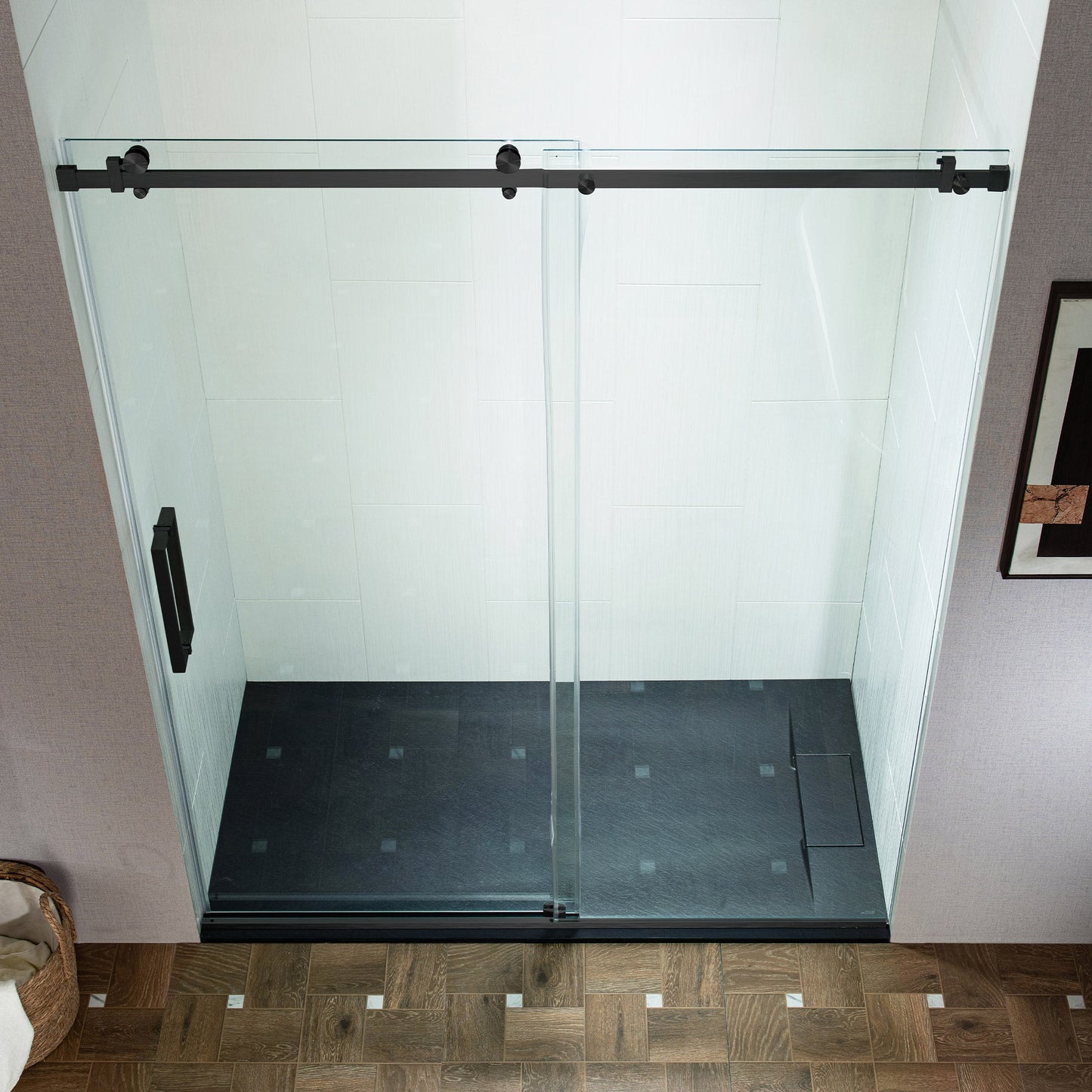 WOODBRIDGE Frameless Single Sliding Shower Doors, 44-48" Width x 76" Height with 5/16"(8mm) Clear Tempered Glass and Explosion-Proof Film
