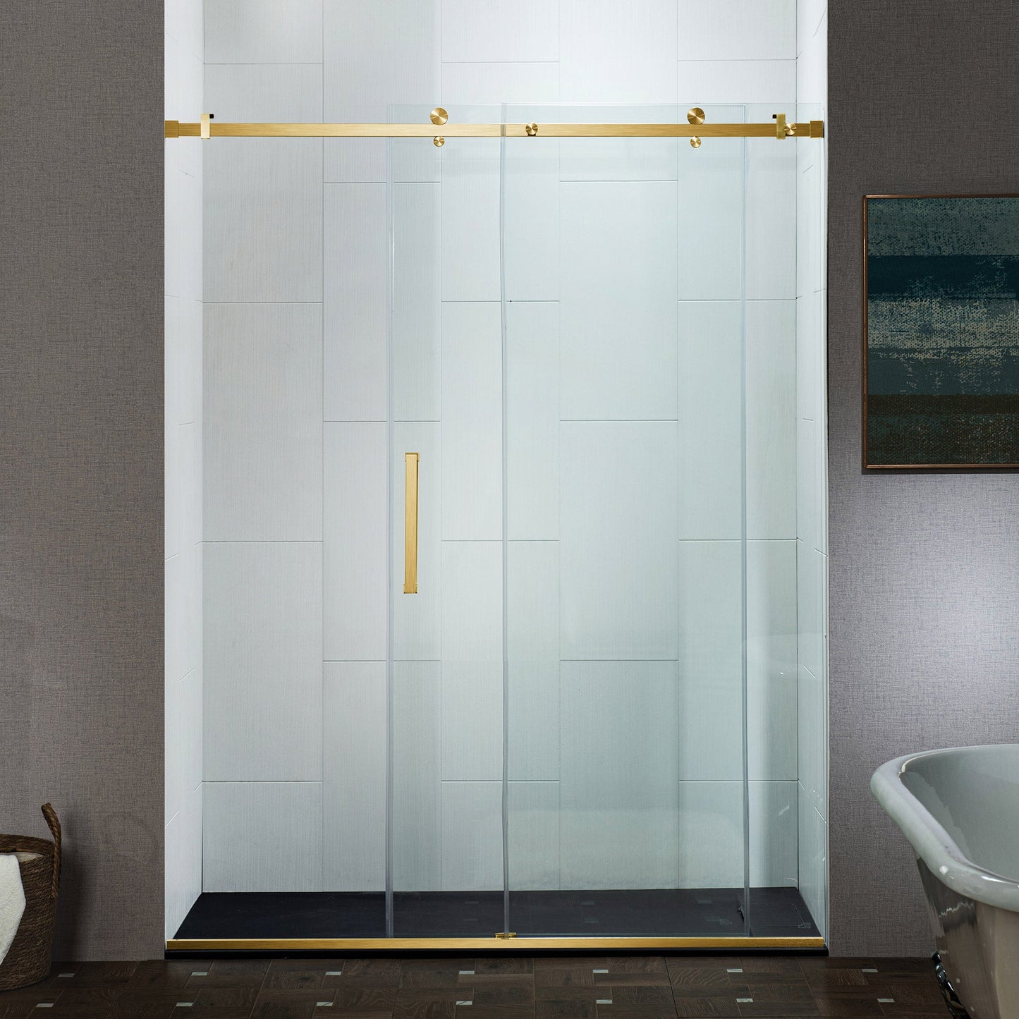 WOODBRIDGE Frameless Single Sliding Shower Doors, 44-48" Width x 76" Height with 5/16"(8mm) Clear Tempered Glass and Explosion-Proof Film