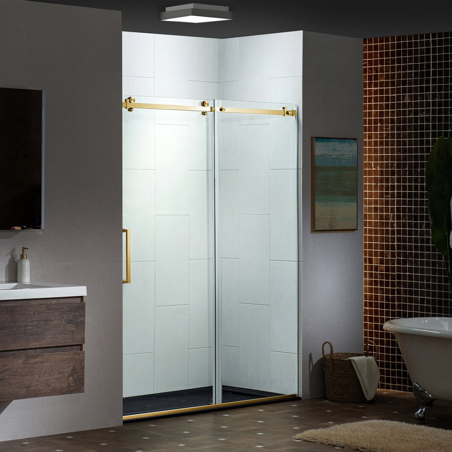 WOODBRIDGE Frameless Single Sliding Shower Doors, 44-48" Width x 76" Height with 5/16"(8mm) Clear Tempered Glass and Explosion-Proof Film