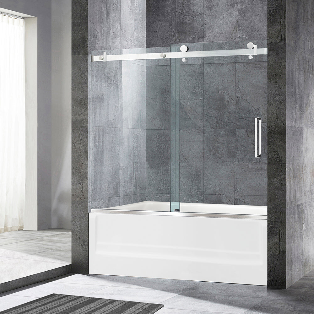 WOODBRIDGE Frameless Single Sliding Shower Doors, 56-60" Width x 62" Height with 5/16"(8mm) Clear Tempered Glass and Explosion-Proof Film