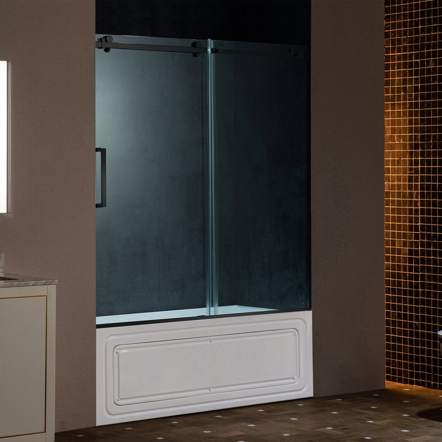 WOODBRIDGE Frameless Single Sliding Shower Doors, 56-60" Width x 62" Height with 5/16"(8mm) Clear Tempered Glass and Explosion-Proof Film