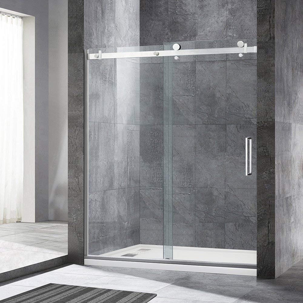 WOODBRIDGE Frameless Single Sliding Shower Doors, 56-60" Width x 76" Height with 5/16"(8mm) Clear Tempered Glass and Explosion-Proof Film