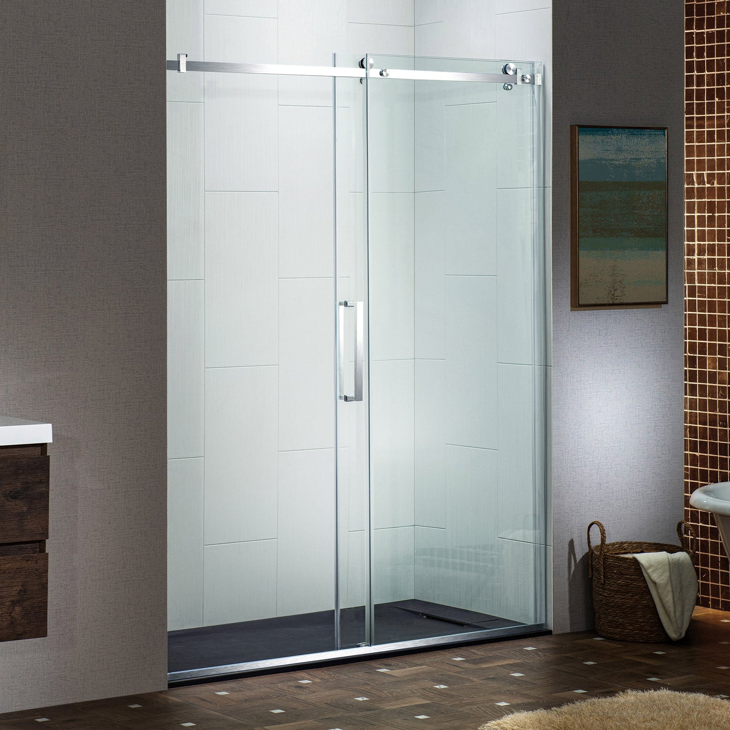 WOODBRIDGE Frameless Single Sliding Shower Doors, 56-60" Width x 76" Height with 5/16"(8mm) Clear Tempered Glass and Explosion-Proof Film