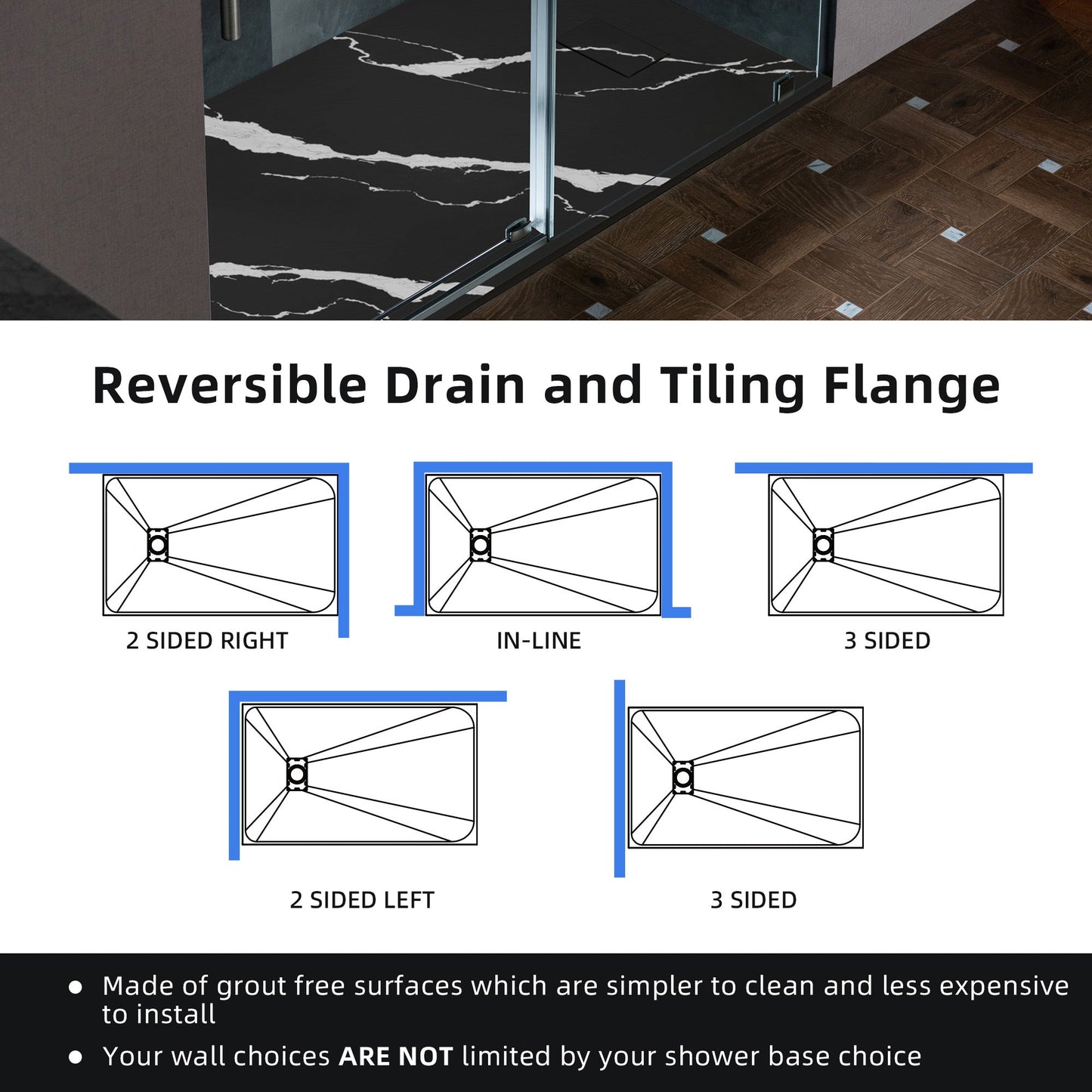 WOODBRIDGE 47.25 in L x 31.5 in W Zero Threshold End Drain Shower Base with Reversible Drain Placement, Matching Decorative Drain Plate and Tile Flange, Wheel Chair Access, Low Profile
