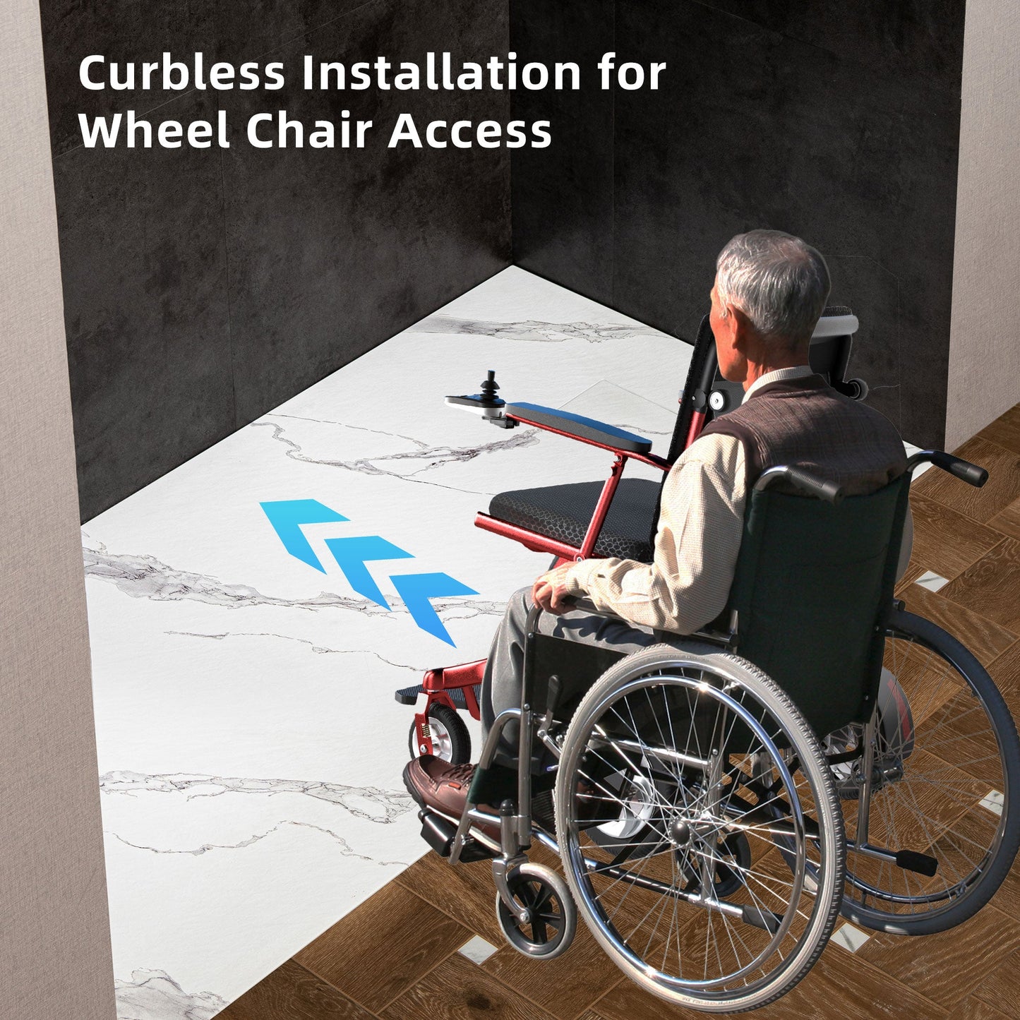 WOODBRIDGE 47.25 in L x 31.5 in W Zero Threshold End Drain Shower Base with Reversible Drain Placement, Matching Decorative Drain Plate and Tile Flange, Wheel Chair Access, Low Profile