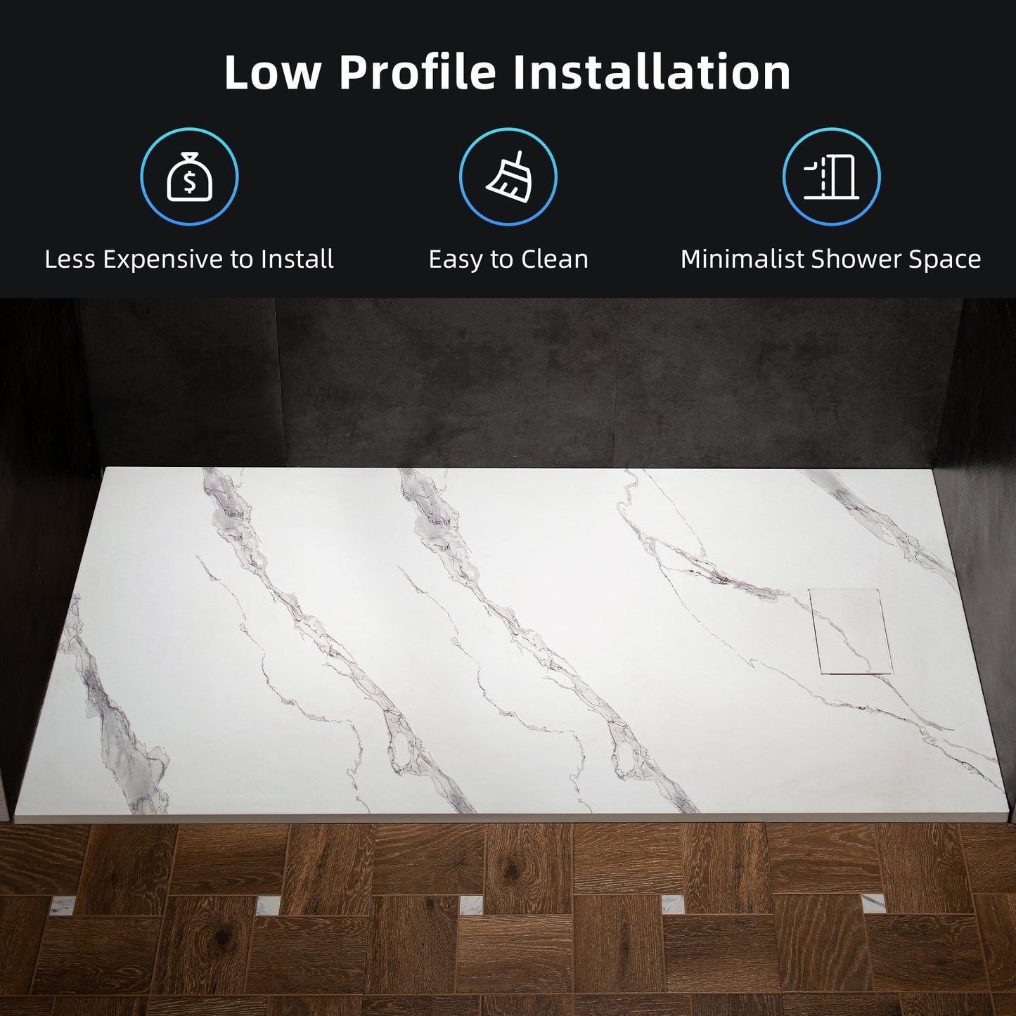 WOODBRIDGE 47.25 in L x 31.5 in W Zero Threshold End Drain Shower Base with Reversible Drain Placement, Matching Decorative Drain Plate and Tile Flange, Wheel Chair Access, Low Profile