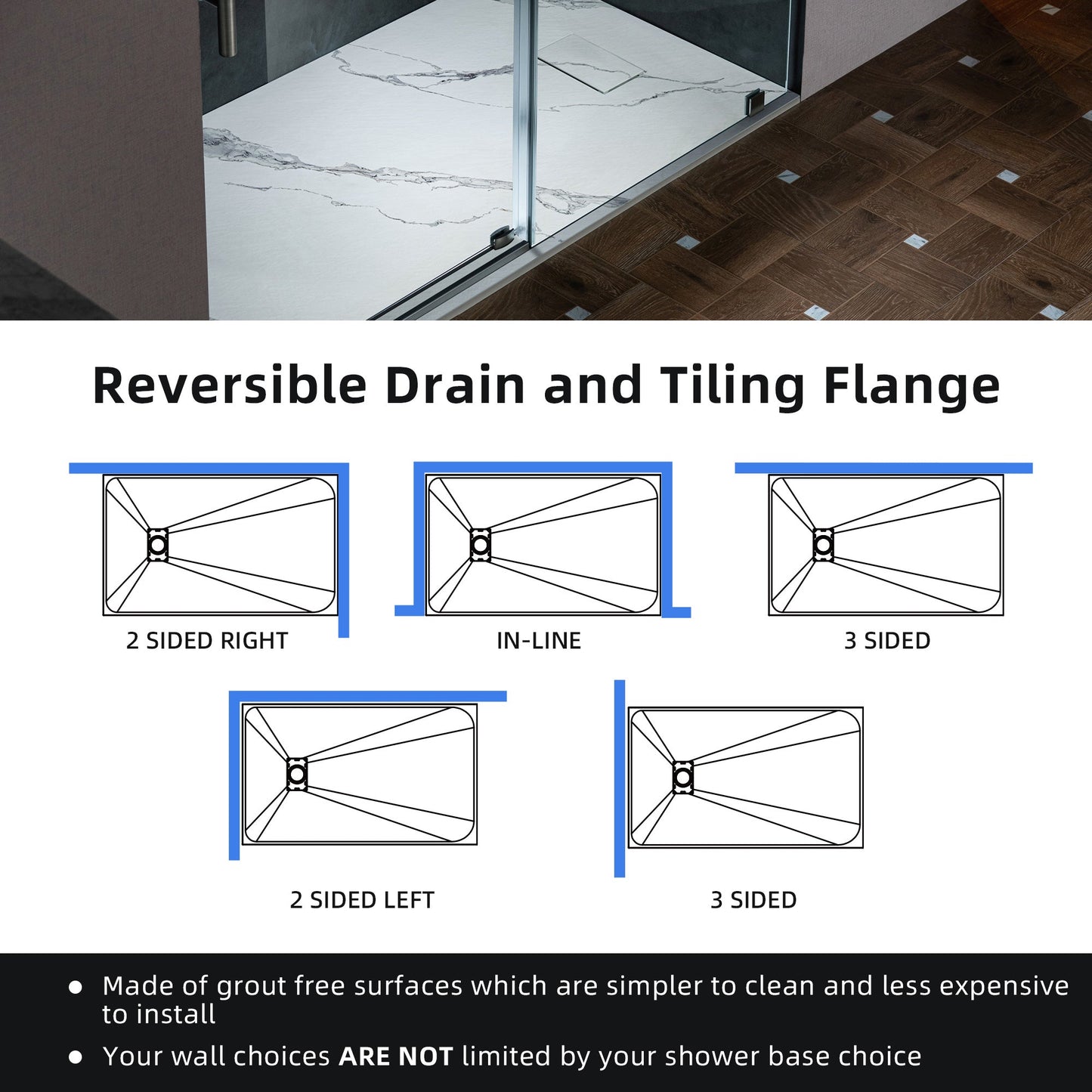 WOODBRIDGE 47.25 in L x 31.5 in W Zero Threshold End Drain Shower Base with Reversible Drain Placement, Matching Decorative Drain Plate and Tile Flange, Wheel Chair Access, Low Profile