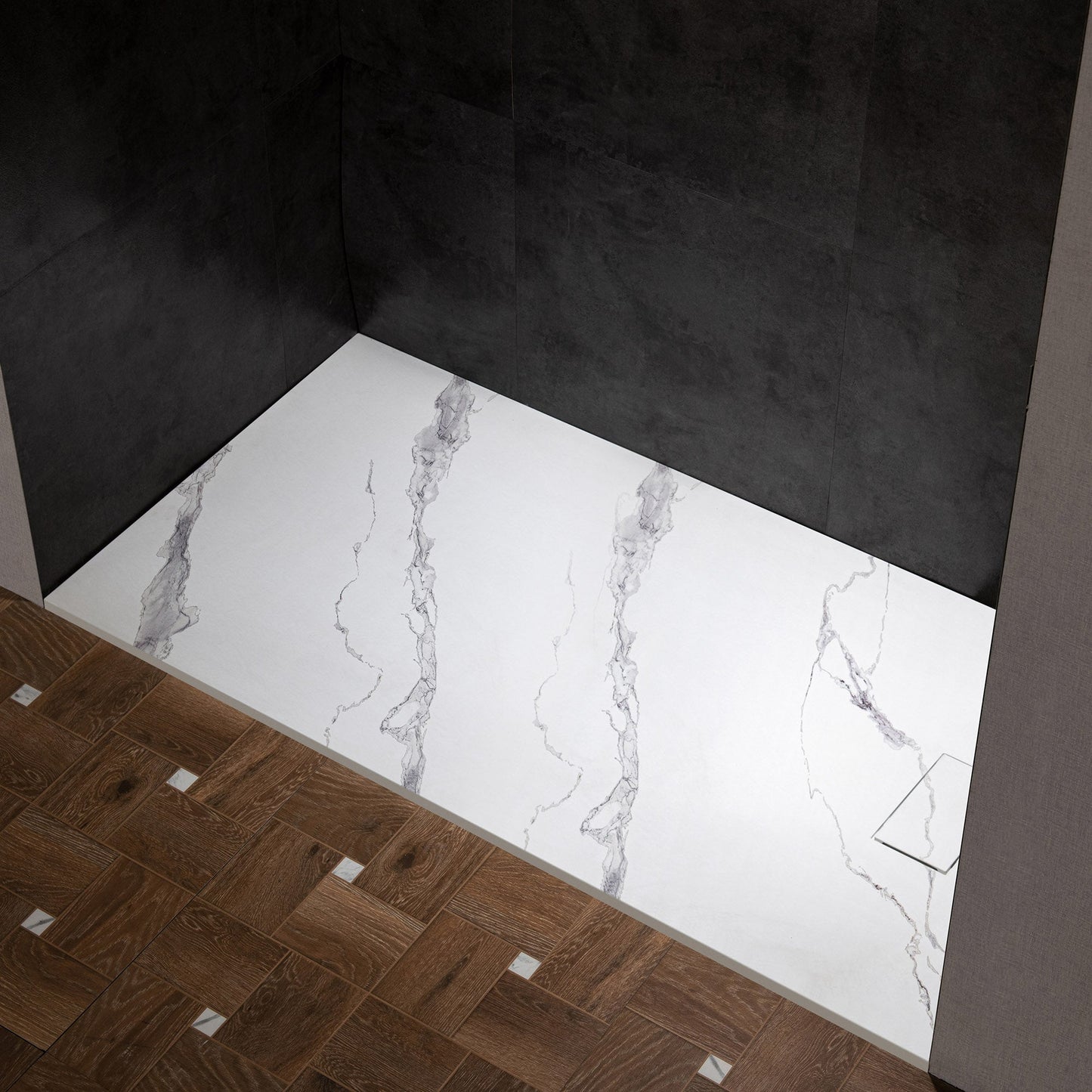 WOODBRIDGE 47.25 in L x 31.5 in W Zero Threshold End Drain Shower Base with Reversible Drain Placement, Matching Decorative Drain Plate and Tile Flange, Wheel Chair Access, Low Profile