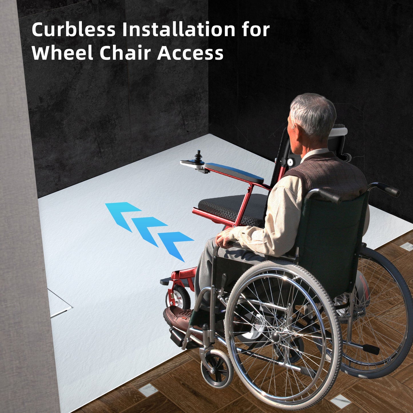 WOODBRIDGE 47.25 in L x 31.5 in W Zero Threshold End Drain Shower Base with Reversible Drain Placement, Matching Decorative Drain Plate and Tile Flange, Wheel Chair Access, Low Profile
