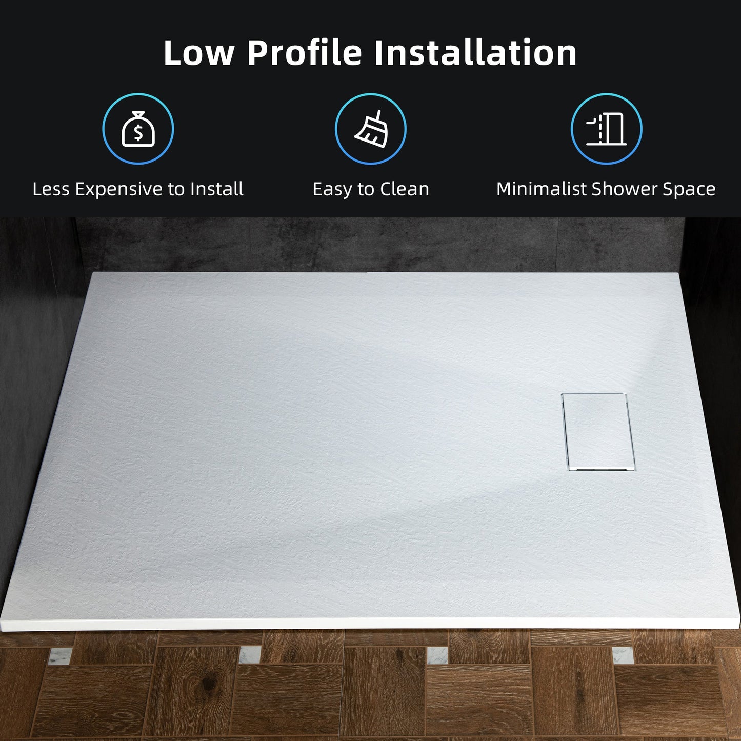 WOODBRIDGE 47.25 in L x 31.5 in W Zero Threshold End Drain Shower Base with Reversible Drain Placement, Matching Decorative Drain Plate and Tile Flange, Wheel Chair Access, Low Profile