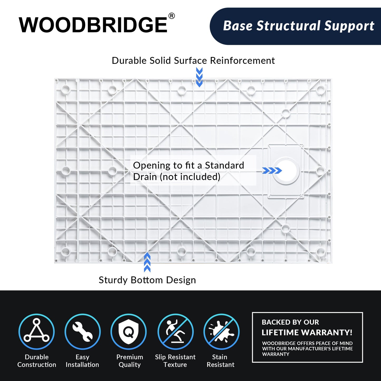 WOODBRIDGE 47.25 in L x 31.5 in W Zero Threshold End Drain Shower Base with Reversible Drain Placement, Matching Decorative Drain Plate and Tile Flange, Wheel Chair Access, Low Profile