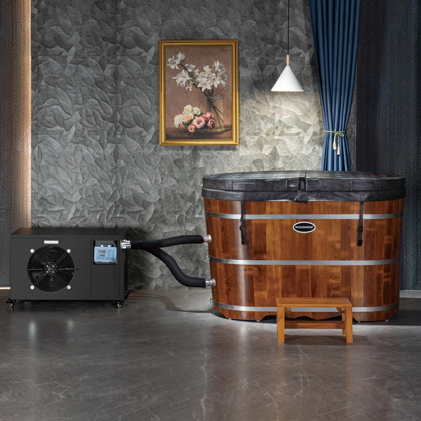 WOODBRIDGE 54" Luxury Indoor Cold Plunge Ice Tub with Chiller and Heater, Ozone sanitation, Filter circulation system, Insulated Tub Lid, Wood Stool, Wood seat, and Chrome Pop-Up Drain