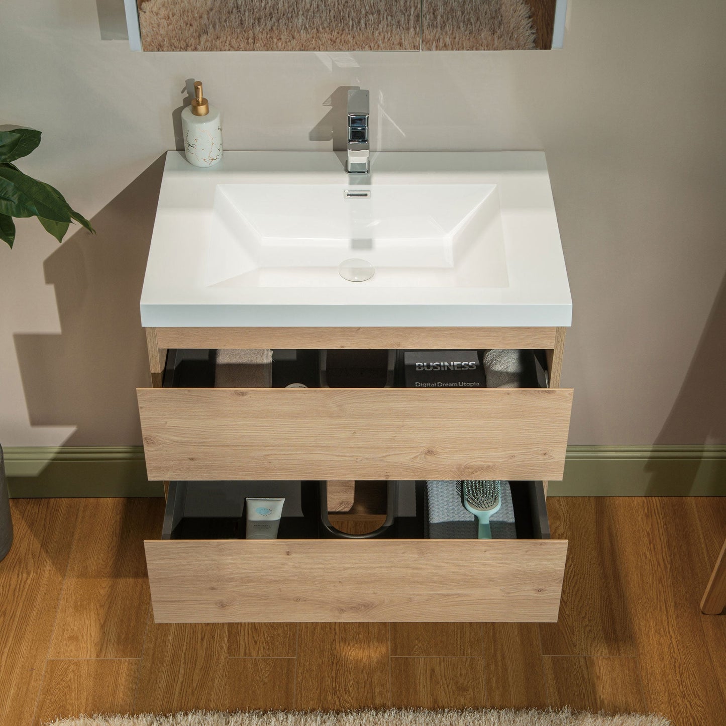 WOODBRIDGE 23-5/8 in. W x 19-5/8 in. D Wall Mounted Floating Vanity in Natural Oak with Resin Composite Vanity Top in Glossy White