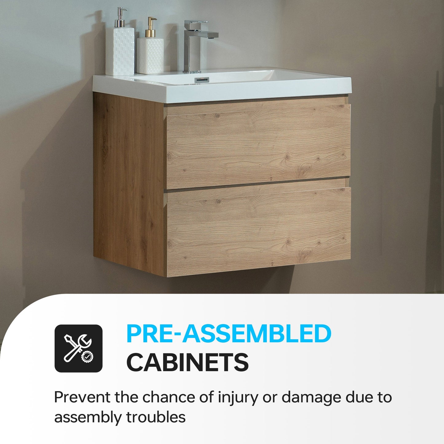 WOODBRIDGE 23-5/8 in. W x 19-5/8 in. D Wall Mounted Floating Vanity in Natural Oak with Resin Composite Vanity Top in Glossy White
