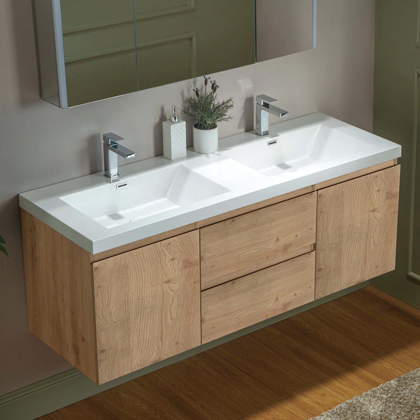 WOODBRIDGE 23-5/8 in. W x 19-5/8 in. D Wall Mounted Floating Vanity in Natural Oak with Resin Composite Vanity Top in Glossy White