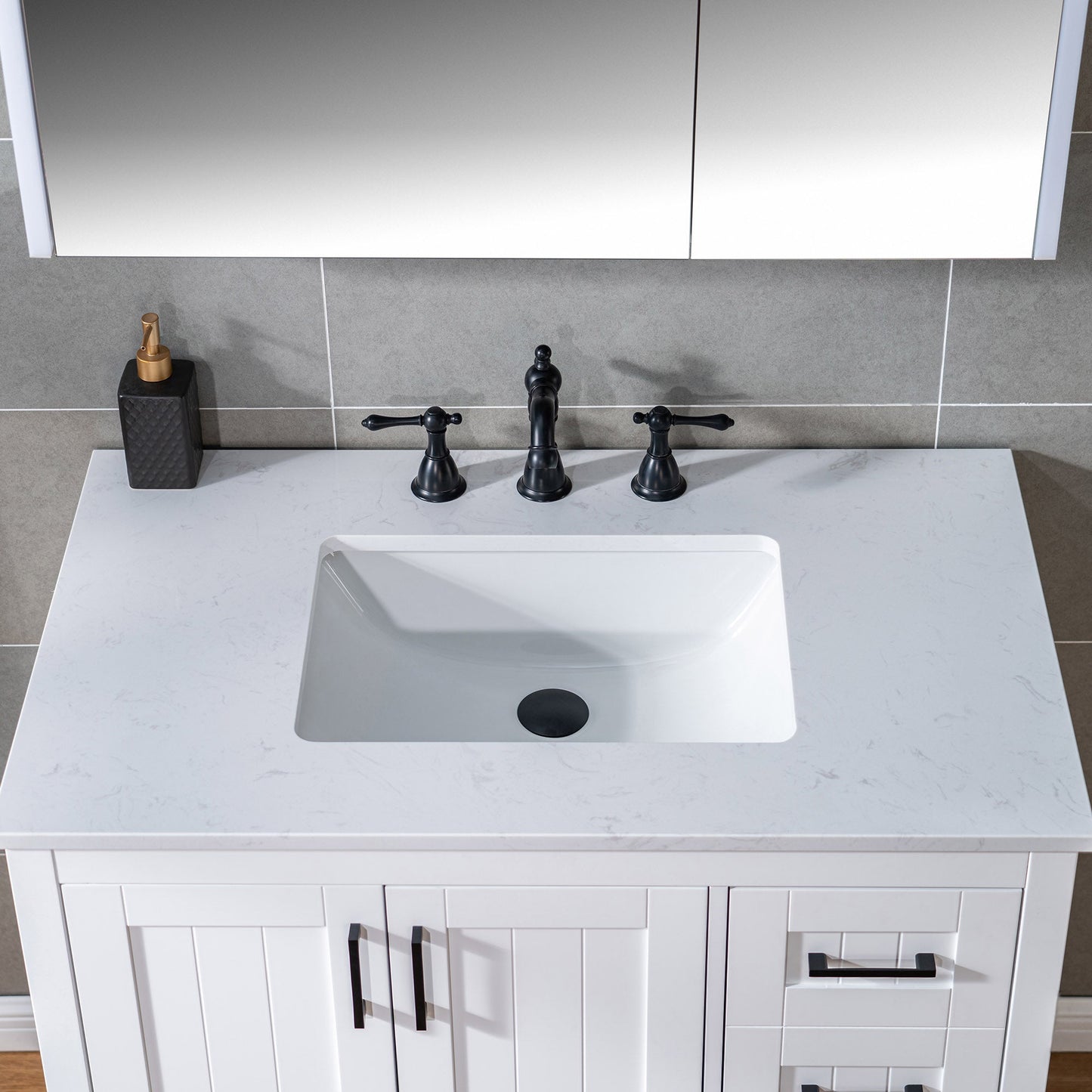 WOODBRIDGE 35-7/8" Floor Mounted Freestanding Single Basin Vanity Set with Rubberwood Cabinet and Stone Vanity Top with Pre-installed Undermount Rectangle Bathroom Sink, Pre-Drilled 3-hole for 8-inch Widespread Faucet, DOVER-36-WH