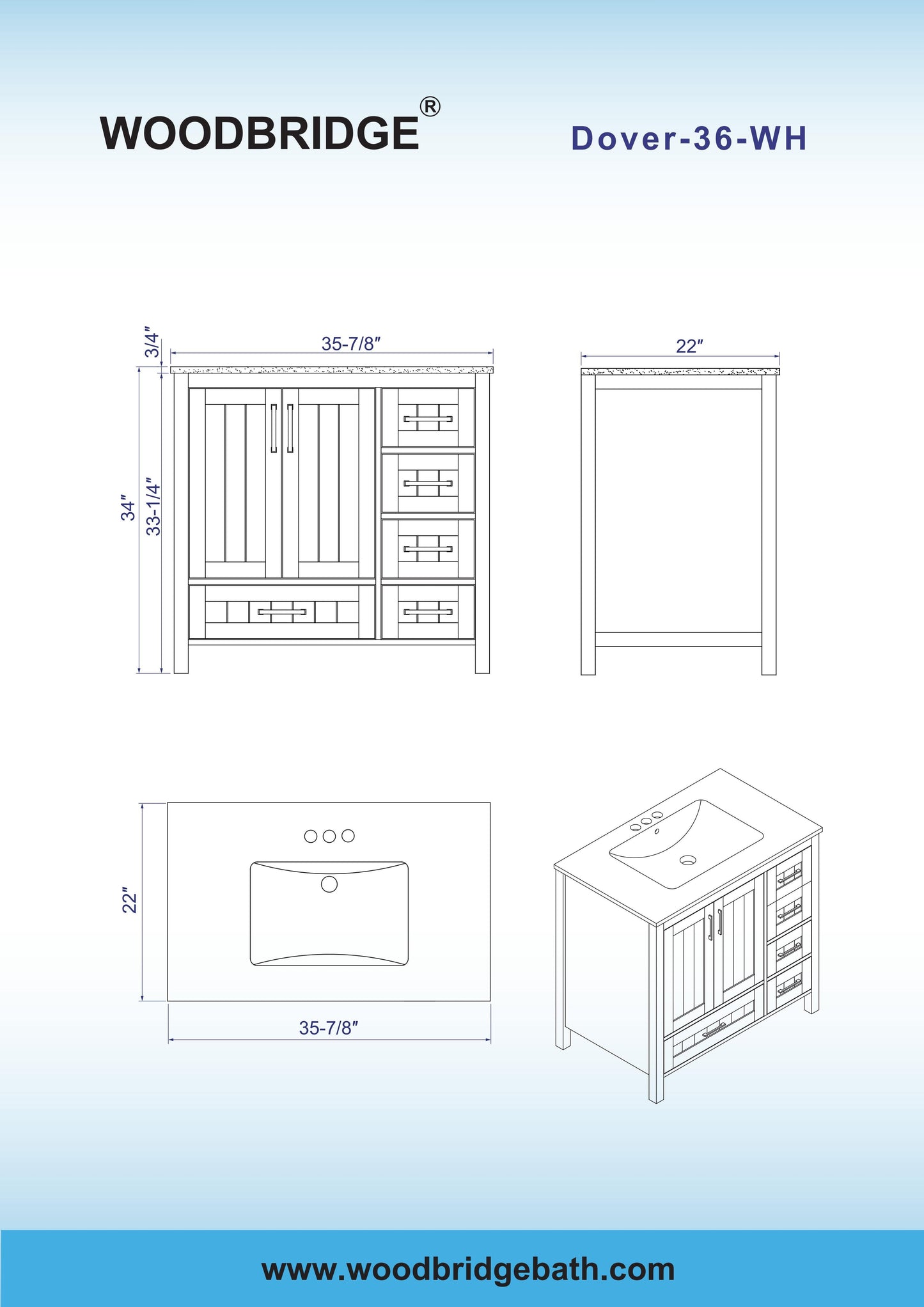 WOODBRIDGE 35-7/8" Floor Mounted Freestanding Single Basin Vanity Set with Rubberwood Cabinet and Stone Vanity Top with Pre-installed Undermount Rectangle Bathroom Sink, Pre-Drilled 3-hole for 8-inch Widespread Faucet, DOVER-36-WH