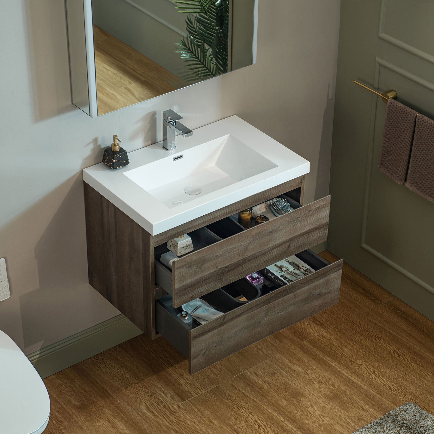 WOODBRIDGE 23-5/8 in. W x 19-5/8 in. D Wall Mounted Floating Vanity in Grey Oak with Resin Composite Vanity Top in Glossy White