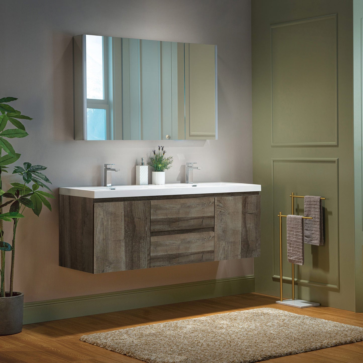 WOODBRIDGE 23-5/8 in. W x 19-5/8 in. D Wall Mounted Floating Vanity in Grey Oak with Resin Composite Vanity Top in Glossy White