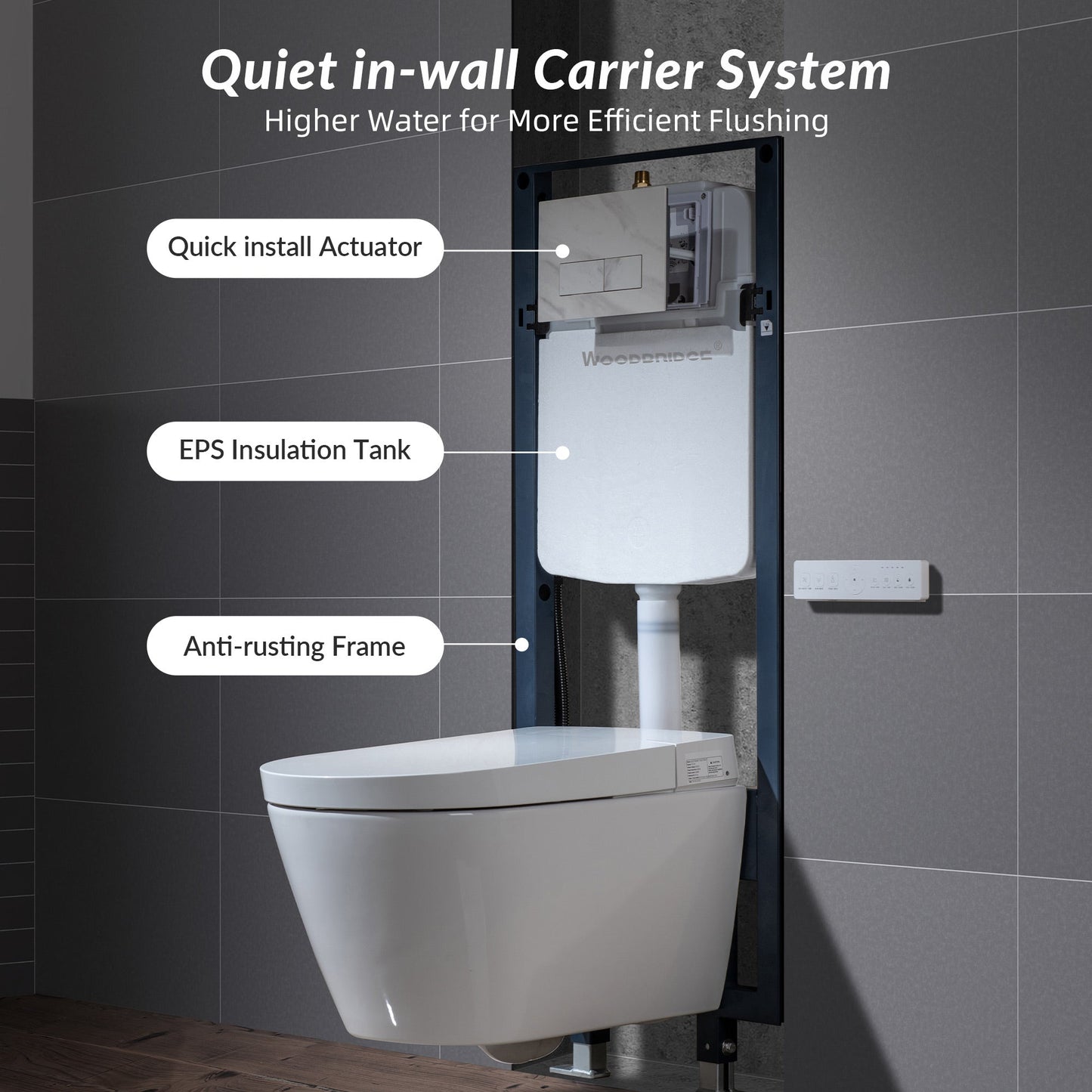 WOODBRIDGE Intelligent Compact Elongated Dual-flush wall hung toilet with Bidet Wash Function, Heated Seat & Dryer. Matching Concealed Tank system and White Marble Stone Slim Flush Plates Included.LT611 + SWHT611+FP611-WH
