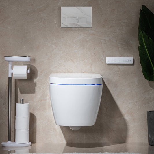 WOODBRIDGE Intelligent Compact Elongated Dual-flush wall hung toilet with Bidet Wash Function, Heated Seat & Dryer. Matching Concealed Tank system and White Marble Stone Slim Flush Plates Included.LT611 + SWHT611+FP611-WH