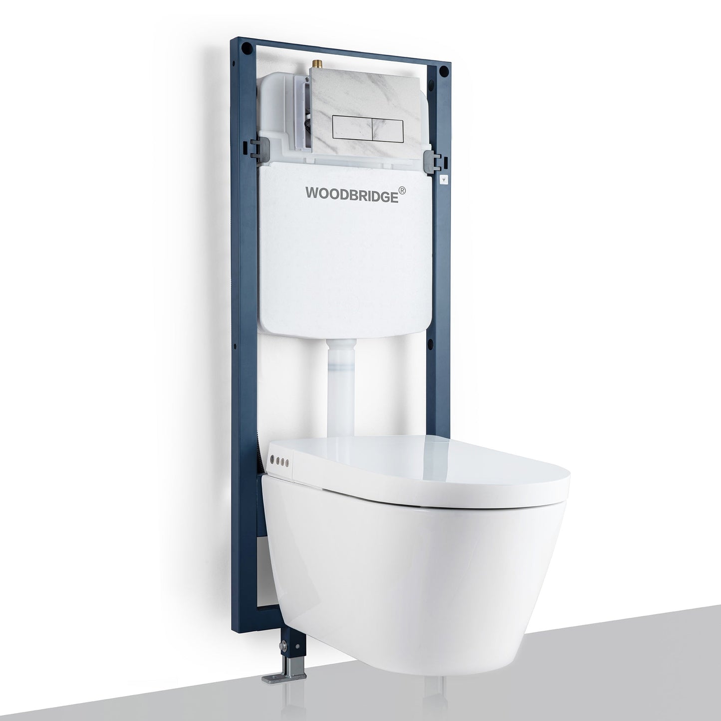 WOODBRIDGE Intelligent Compact Elongated Dual-flush wall hung toilet with Bidet Wash Function, Heated Seat & Dryer. Matching Concealed Tank system and White Marble Stone Slim Flush Plates Included.LT611 + SWHT611+FP611-WH