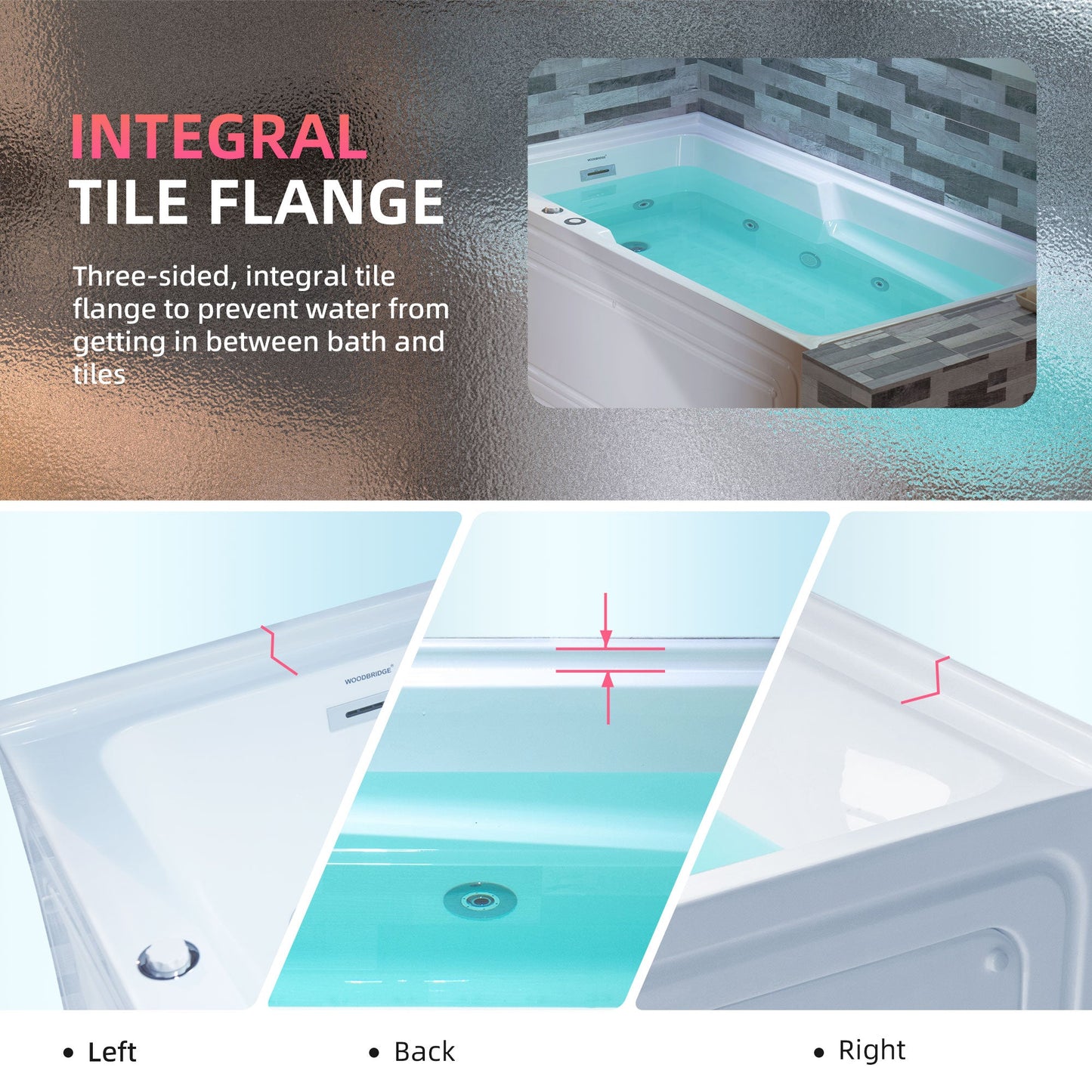 WOODBRIDGE 60" Alcove Acrylic Rectangular Whirlpool Heated Jetted Tub in White with Left Drain