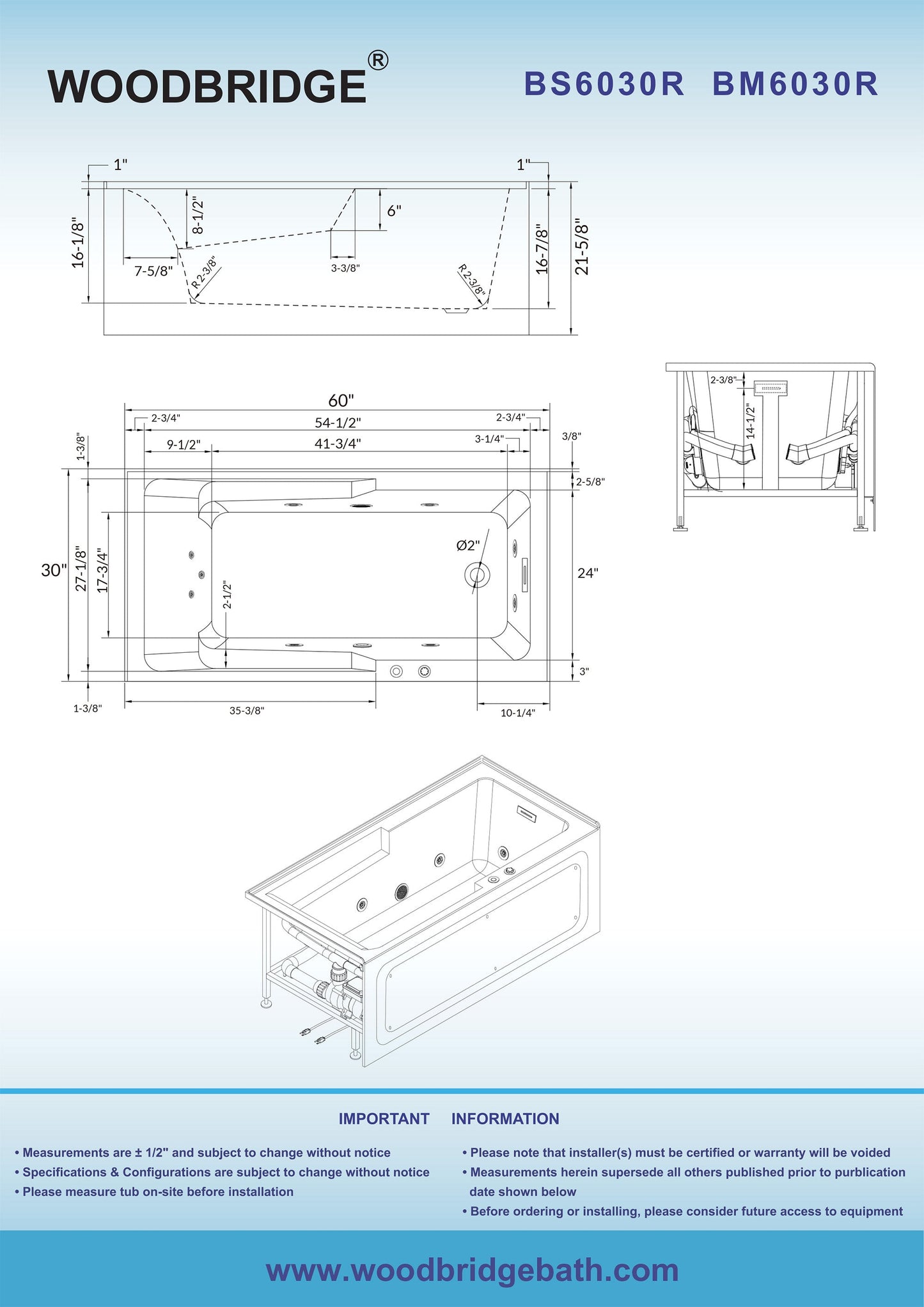 WOODBRIDGE 60" Alcove Acrylic Rectangular Whirlpool Heated Jetted Tub in White with Right Drain,