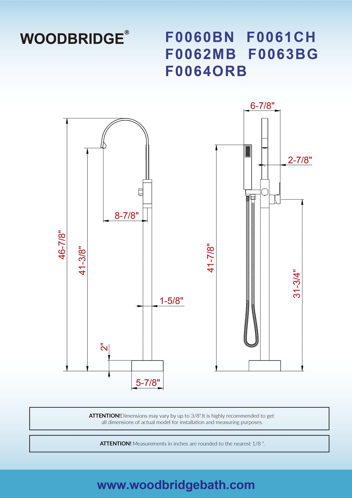 WOODBRIDGE F0060BN Contemporary Single Handle Floor Mount Freestanding Tub Filler Faucet with Hand Shower